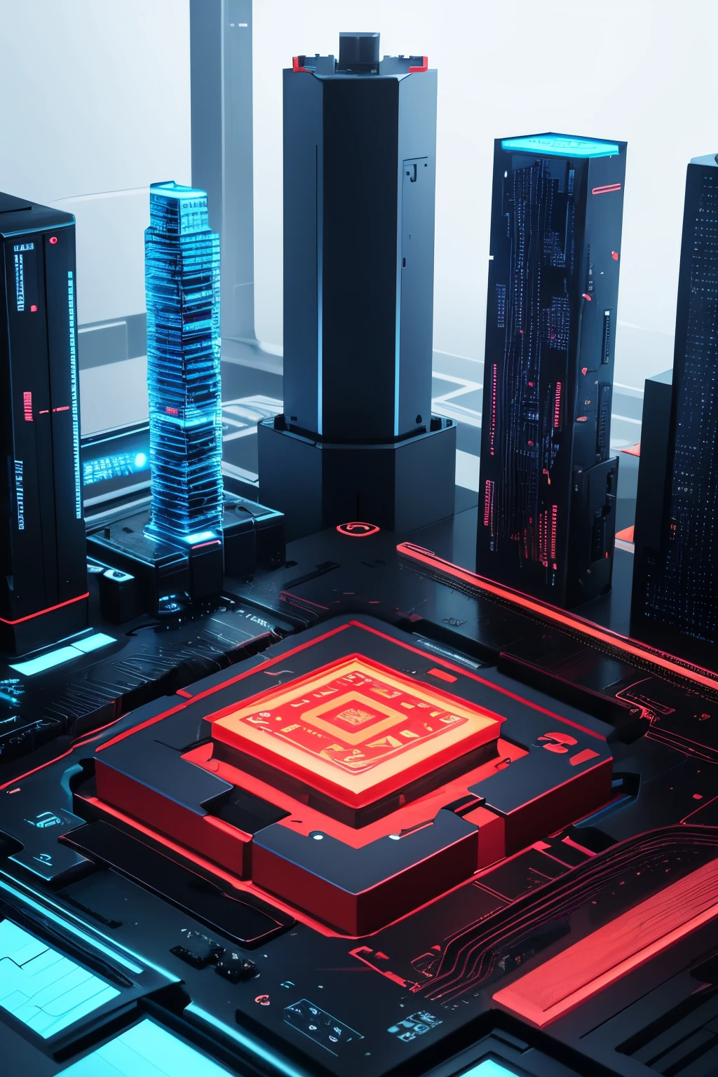 A CPU chip is located in the center of the picture，The chip looks fine，There is a sense of three-dimensionality，Technological realism，Highlight the sense of future technology，The color of the chip has a slight Chinese red element，The overall picture color is blue with a sense of technology，Posters need to highlight the technological sense of the chip