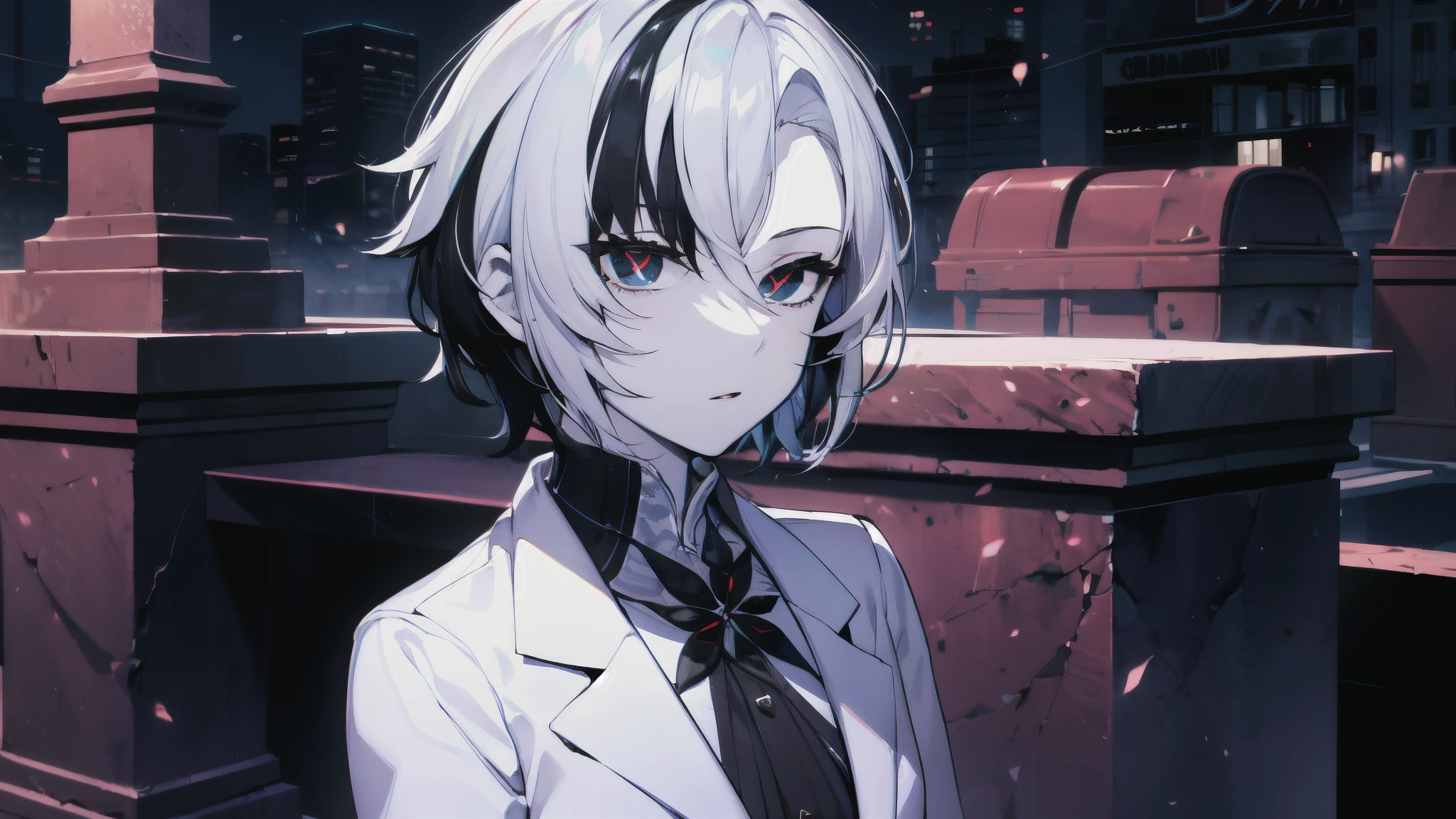 (masterpiece:1.2), (pale skin:1.2), (solo:1.2), (female:1.1), (emphasis lines:1.3), short hair, white hair, black hair, black eyes, (x-shaped pupils:1.4), white attire, outdoors, night, closed mouth