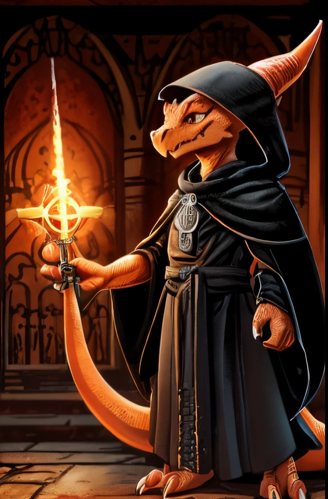 (((kobold)), bright orange skin, Orange scales, Wearing a black cape with a hood, well clothing, Tail,, Front view, Smiling awkwardly at the observer, Be red in the face, Holding Holy symbol, opinion, Detailed claws, standing,well dresssed