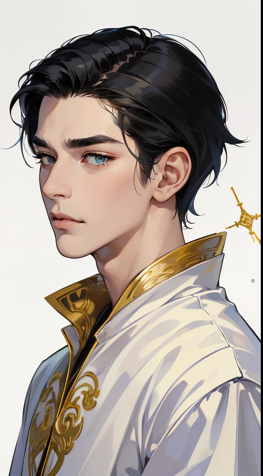(((best quality, high quality))), ((Masterpiece)), ((((UHD, highres))), (((portrait))), It&#39;s like a cartoon in Japan, (((1 man))), Clear facial features, Simple line design, Transparent background, (masterpiece, top Quality, best quality, Clear facial features, beautiful eyes, (((simple detailed))) (((white background))), (((gold eyescolor))), ((black hair color))), Fierce, fearsome, suit, mafia boss, handsome, short hair,