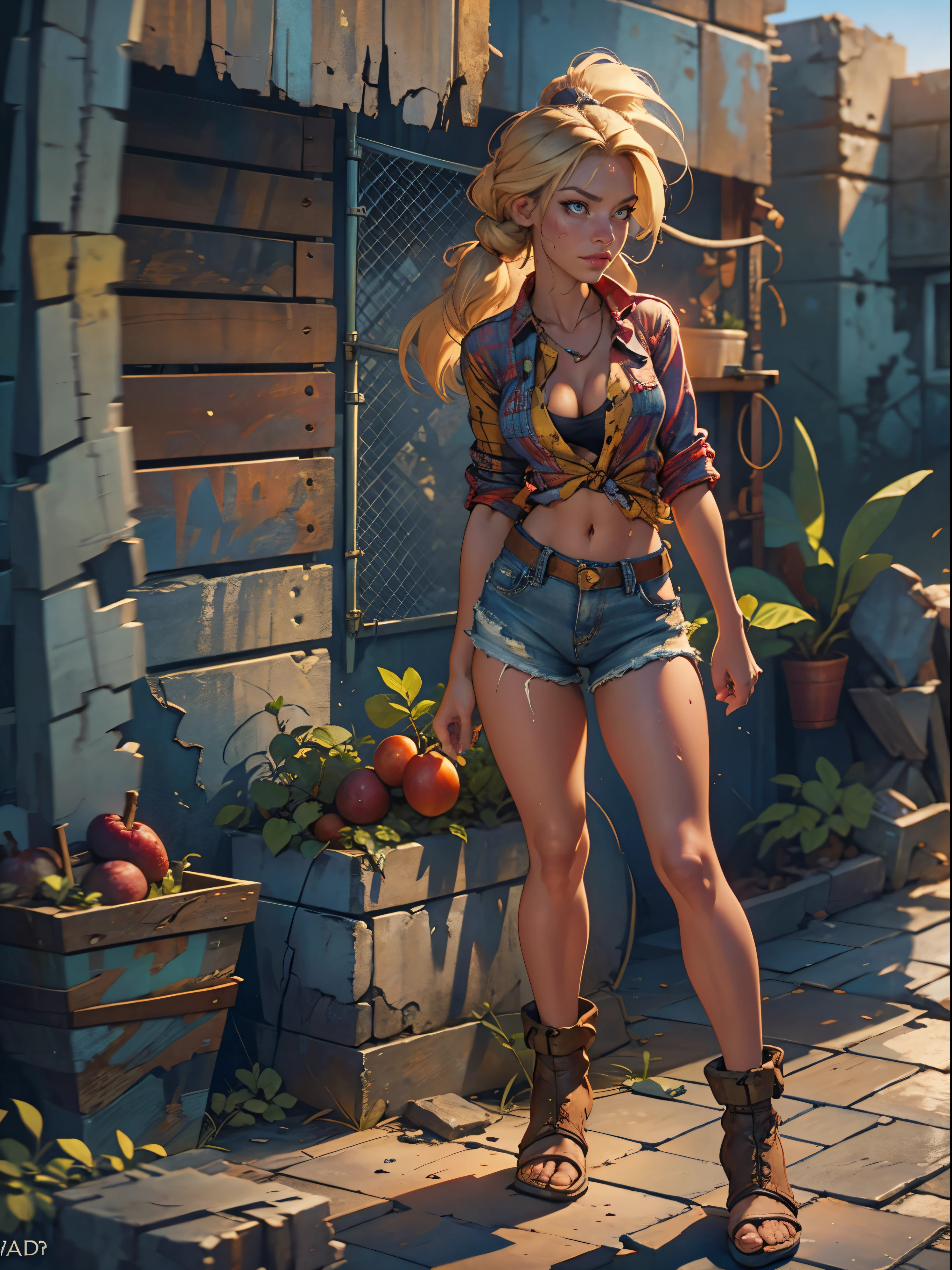 2076 year. The Urban Ruins of the Wasteland, Female huntress picking fruit in the garden, beautiful face, blonde, very torn shirt and denim shorts, shirt in tatters , long legs, sweating through, sun rising, Nice warm colors, head to toe full body shot