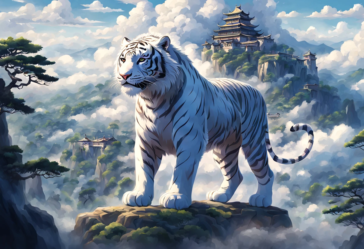 In the center of the canvas,A majestic white tiger is looking up into the distance with an elegant and majestic attitude。Its body looks strong and powerful,Muscle lines are smooth and tight,It seems to contain infinite power。The white tiger's eyes are bright and shining,The deep eyes reveal a kind of transcendent wisdom and majesty,As if watching everything in the universe。A round jade pendant on the white tiger's forehead、Thunder patterns or traditional mythical animal patterns on the body,The white tiger's hair is as white as snow,Every hair is drawn in detail,Highlights the volume and texture of hair。In the sunlight,The hair exudes a slight sheen,Make the whole picture full of life and movement。You can imagine its hair blowing gently in the breeze,It seems that he can show incomparable vitality and strength at any time。In the background,Green pines and cypresses stand tall,surrounded by cloud,rugged mountains,Create a mysterious and ancient atmosphere。Maybe add an ancient palace or temple in the distance,Add a mythical mood。(pov, first-person view, Ghibli-like colours, Luminism, cinematic lighting, UHD, masterpiece, ccurate, anatomically correct, textured skin, super detail, high details, high quality, award winning, best quality, 16k)