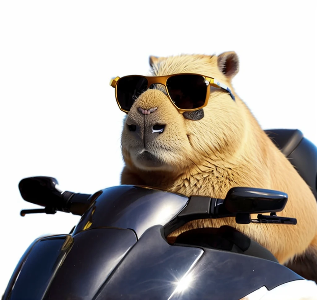 yellow capybara wearing sunglasses and riding a black motorcycle