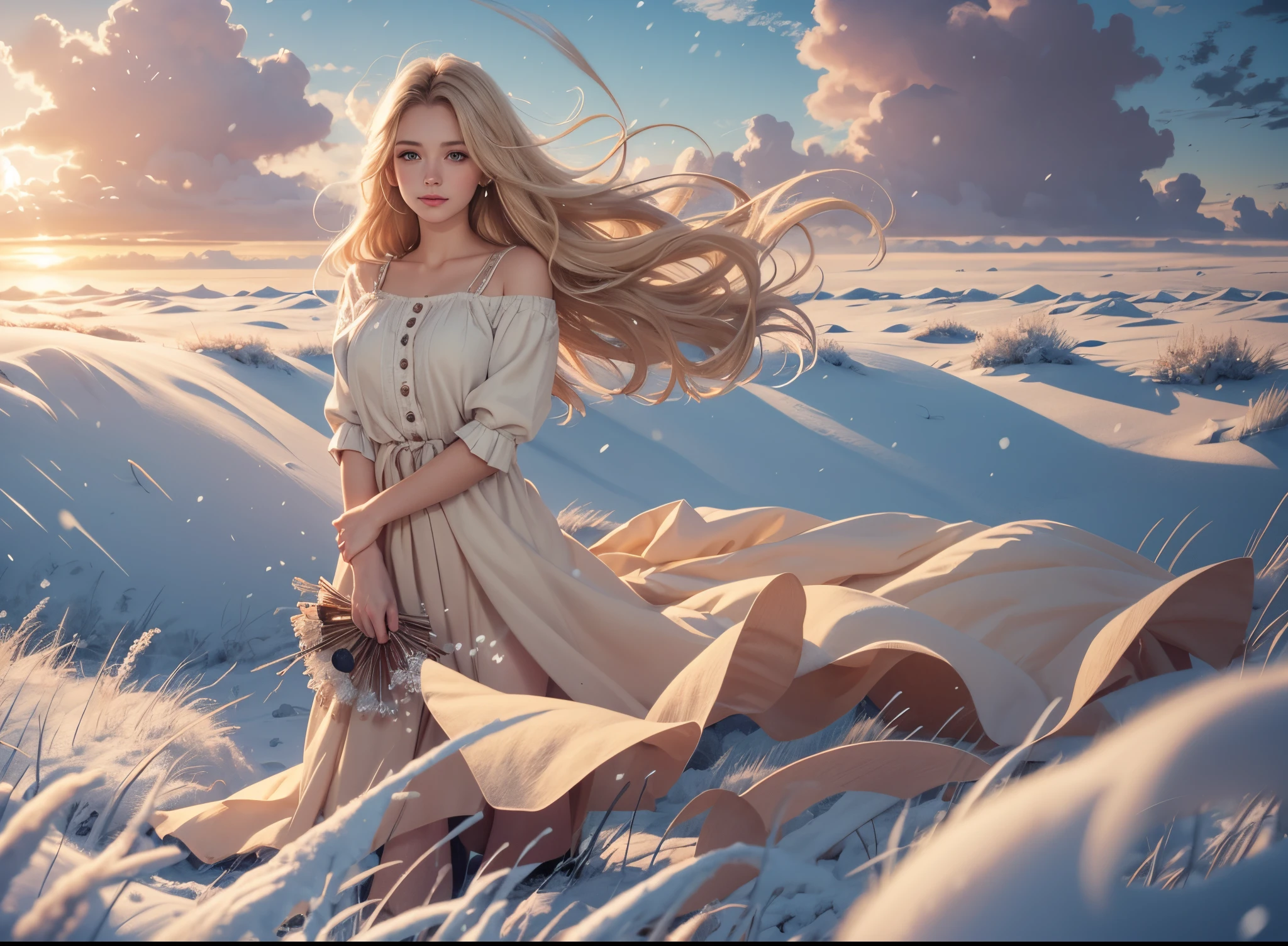 (award winning 64k concept art:1.3) of (young woman looking up standing over the valley:1.2), close to camera,  in white coat, sweet, front, epic, god rays, (masterpiece:1.4), (best quality:1.4), Amazing, highly detailed, beautiful, finely detailed, warm soft color grading, (Depth of field:1.4), extremely detailed 64k, fine art, (valley in the background), stunning, (light reflections:1.2), (crisp:1.6), gold short curls, winter, vibrant, starry sky, (edge detection:1.4), absurdres, impressive, 120mm, extremely clear, lens flare, motion lines, symmetrical clothes, wide shot, wide angle