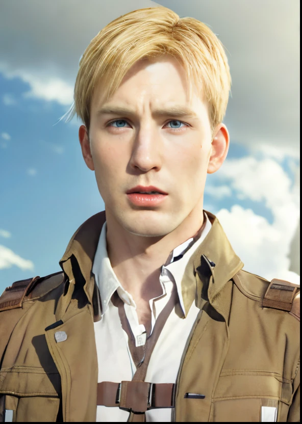 Chris Evans as Attack on Titan character, Erwin Smith,
(best quality, highres, ultra-detailed), realistic, dark atmosphere, intense expression, military uniform, determined eyes, tactical genius mindset, leader with charisma, beautiful scenery, ruins in the background, epic battle, 3D rendered illustration, dynamic pose, sharp focus, high contrast lighting, vivid colors.