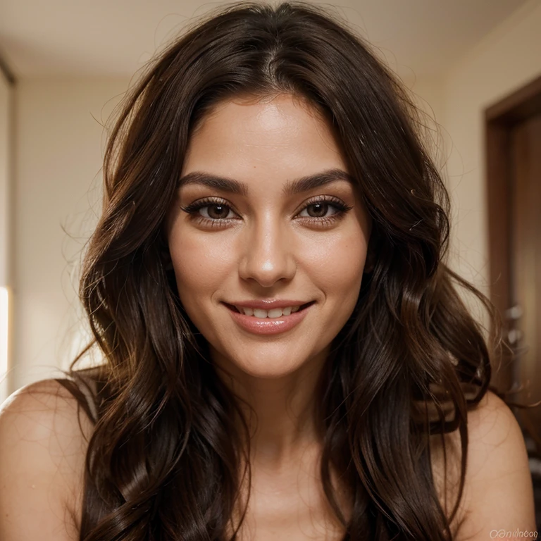Ultra-realistic image of a woman in her 30s with very thick and abundant hair with exotic makeup, Sensual wavy dark brown hair and a beautiful smile. Sus ojos son de un tono avellana profundo, highlighted by long eyelashes and a sensual look. The woman is happy and very beautiful