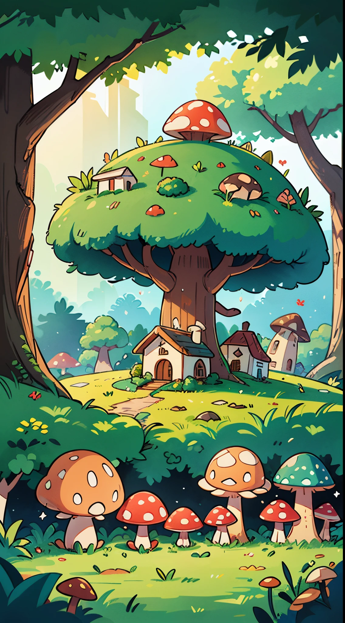 best quality,ultra-detailed,realistic,masterpiece:1.2,HD,professional,home mushroom village,mushroom village,whimsical,enchanted,forest,colourful,storybook village,((Day light)), white solid background, png object