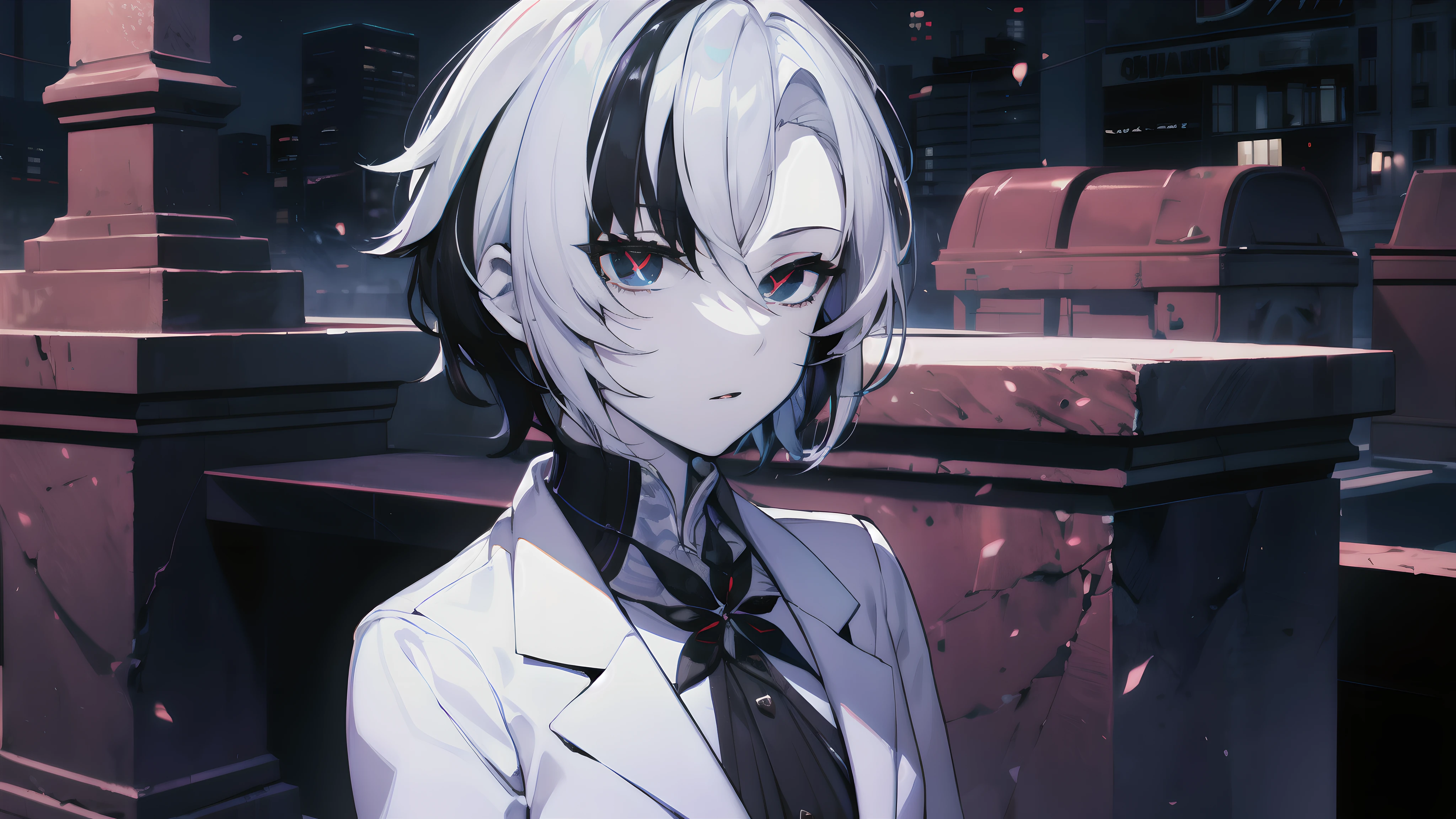 (masterpiece:1.2), (pale skin:1.2), (solo:1.2), (female:1.1), (emphasis lines:1.3), short hair, white hair, black hair, black eyes, (x-shaped pupils:1.4), white attire, outdoors, night, closed mouth