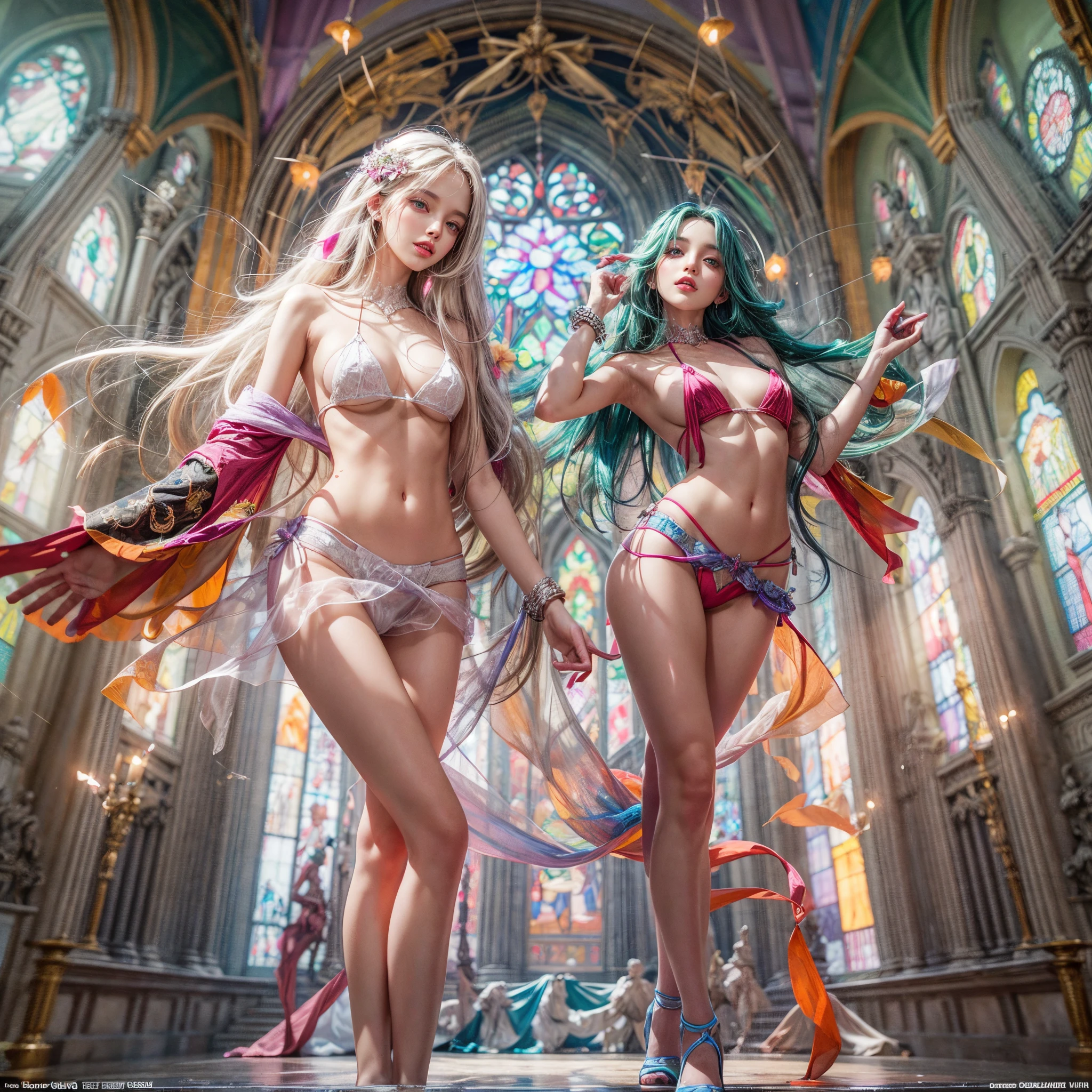 ( Masterpiece:1.25, exposed:1.2, White and vivid colors, navel), (sexy junior idol), ((face variations)), portrayed in the best quality and high resolution. The image should be ultra-detailed, realistic, and photorealistic with a touch of rawness. back lighting, colorful Light shines through delicate stained glass. The medium can be a combination of photography and concept art. The color tone should be vibrant and vivid, enhancing the overall visual impact. Whole Body proportions and all limbs are anatomically accurate, (nipple:-0.9) .