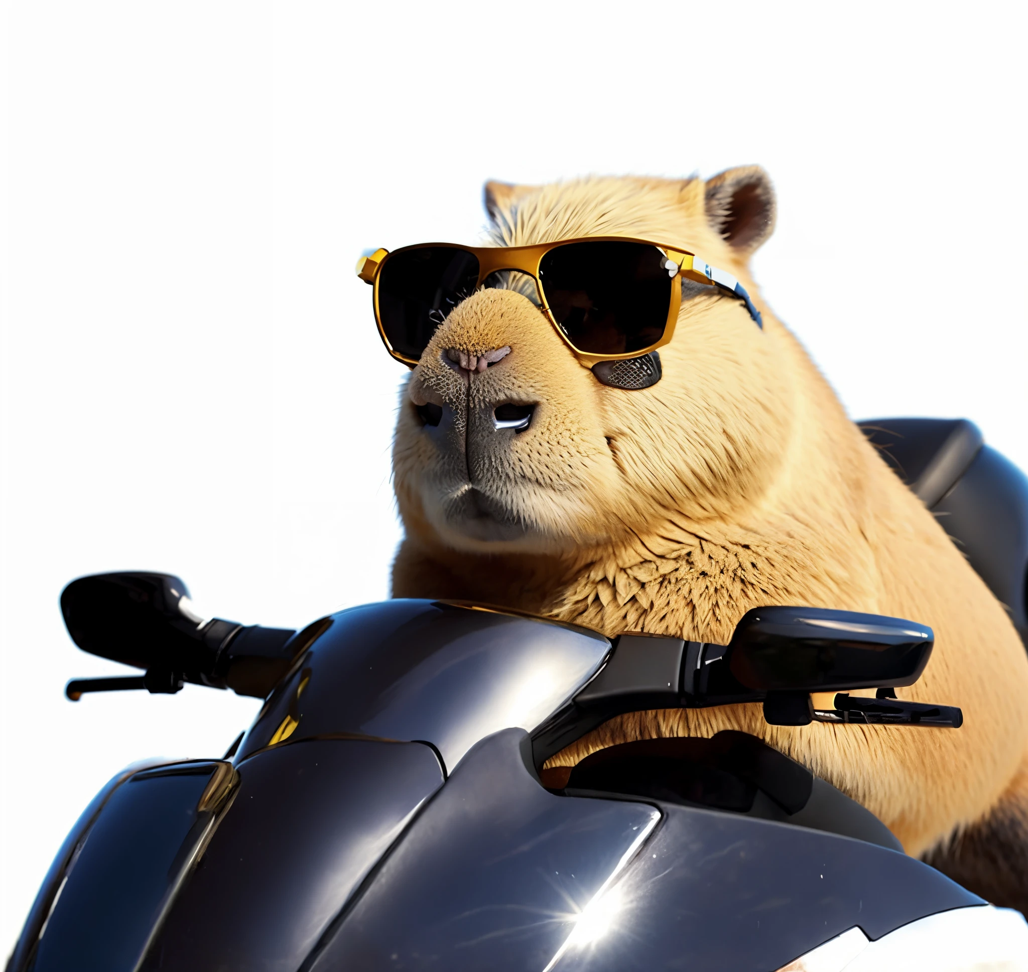 yellow capybara wearing sunglasses and riding a black motorcycle