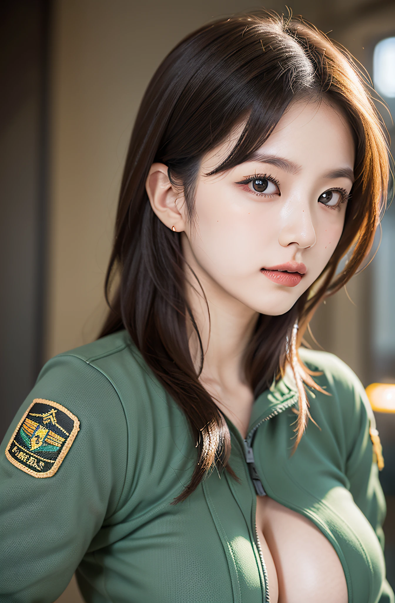 Exposed nipples、Air Force Pilot、Conversation with maintenance personnel inside the hangar、dark green flight suit、High exposure、Photorealistic images of solo idols, Morning Musume inspired by Eri Kamei, Radiates charm and beauty with plenty of bust and subtle exposure of cleavage. The image is、Must reflect a real person of the highest quality, Powered by Ultra-HD (16 K) resolution, crisp detail, Vivid colors, Dynamic Range, Soft bokeh, Fine texture, Realistic realism, Pin Sharp Focus. The camera setup is、Nikon D850 and NIKKOR Z 58mm Boobs Boobs Boobs Boobs F。/0.95 S Noct lens, The setting must be ISO 64, F/0.95, Shutter speed is 1/60. --ar 16:9 - V5.1 --Style raw --Q 2 --S 750