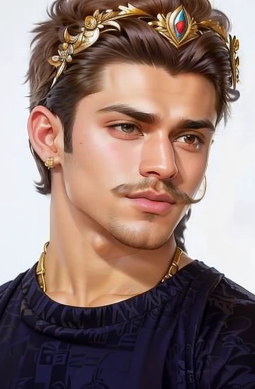 RAW photo, a Modernist hyperrealistic portrait photo of 25 y.o man, hansome face, mix face of salman khan and amir khan, as a javanese Male, Hot Guy, lite moustache, muscular, macho, wearing art nouveau majapahit kingdom costume, gold head band, gold shoulder band, gold necklace, gold crown, hair bund, long-haired, Fade Cut, well built Large body bodybuilder, low angles, Real texture, wear psychedelic sarong batik silk, (high detailed skin:1.2), 8k uhd, dslr, Fujifilm XT3, soft lighting, film grain, masterpiece, high quality