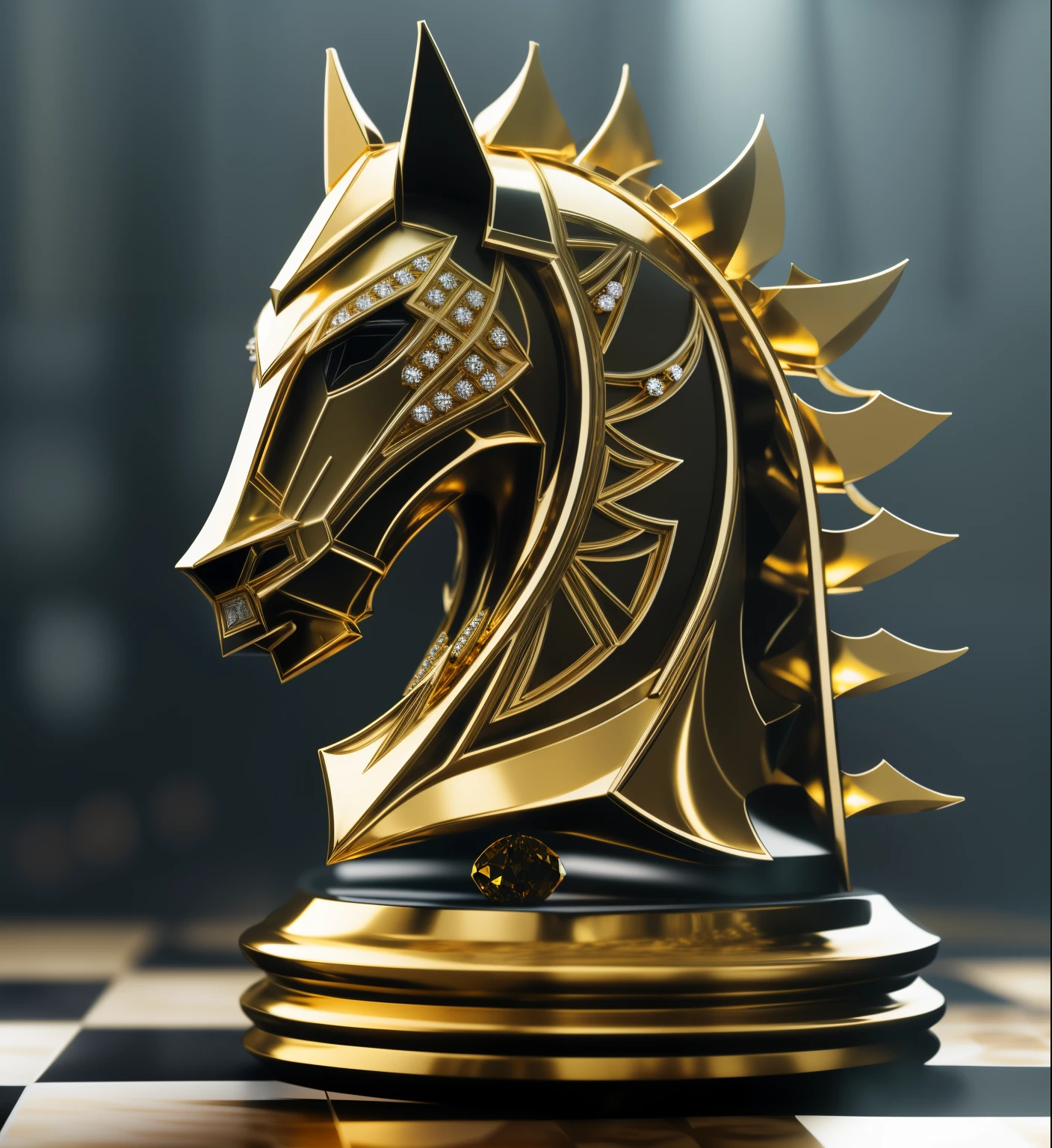 golden knight on the chessboard'head covered with diamonds,Gemstones, chess knight, Knight Chess, 3D sculpture with an octane rating of 8K, depicted as a 3 d render, 3D sculpture with 8K octane rating, rendered in keyshot, glowing chess knight, rendered in cinema 4 d, rendered in cinema4d, rendered in corona, Rendering mat