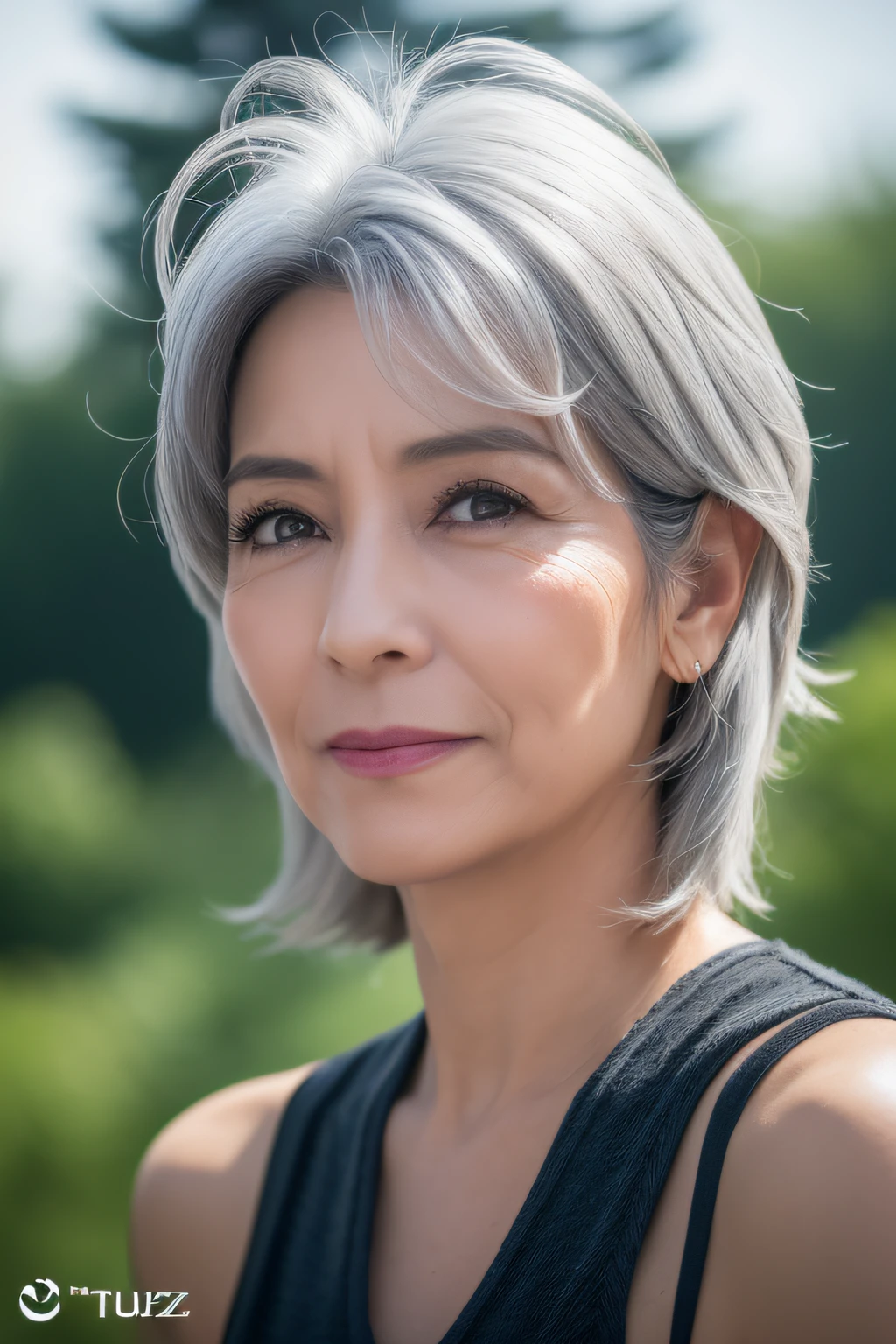 ((Luzes Realistas,Best quality, 8K, tmasterpiece:1.3)), (((Gray hair))),(((50-year-old female,with wrinkles on his face))),(((黑The eye,grieves))),lock focus:2.0, perfect body figure,walk,The face is delicate,((White hair)),(Sleeveless sports vest).Laughter,natta,Ultra-fine face,Fine Eye,二重まぶた