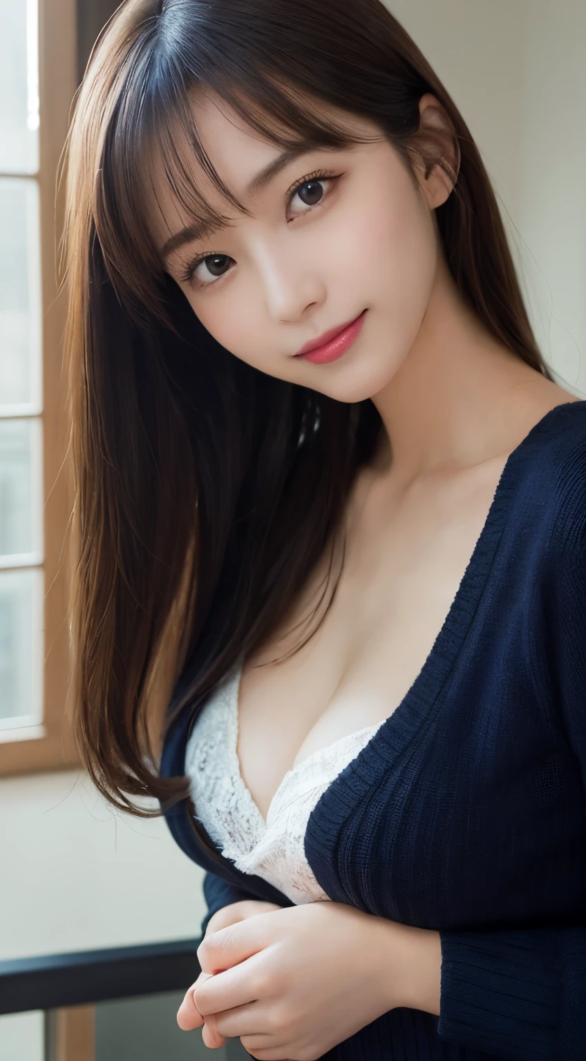masutepiece, Best Quality, Illustration, Ultra-detailed, finely detail, hight resolution, 8K Wallpaper, Perfect dynamic composition, Beautiful detailed eyes, navy long sleeve knit dress,Straight hair,Small breasts natural color lip, Randomly sexy poses,Smile,Home、20 years girl、Cute、Sexy shot looking at camera,Perfect and beautiful face