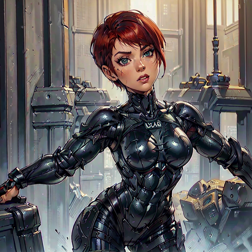 (SamanthaSaintQuiron, woman), dynamic pose, ((full body)), ((Black matte armor, )), (masterpiece, best quality), (detailed skin:1.3, detailed face:1.3), dslr,, ( Red Head, Very Short Hair, Pixie Cut:1.2), Green Eyes, Mascara, High resolution, Ultra-pointu, 16k, Masterpiece, three sided view,