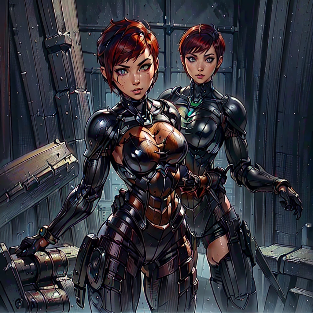 (SamanthaSaintQuiron, woman), dynamic pose, ((full body)), ((Black matte armor, )), (masterpiece, best quality), (detailed skin:1.3, detailed face:1.3), dslr,, ( Red Head, Very Short Hair, Pixie Cut:1.2), Green Eyes, Mascara, High resolution, Ultra-pointu, 16k, Masterpiece, three sided view,