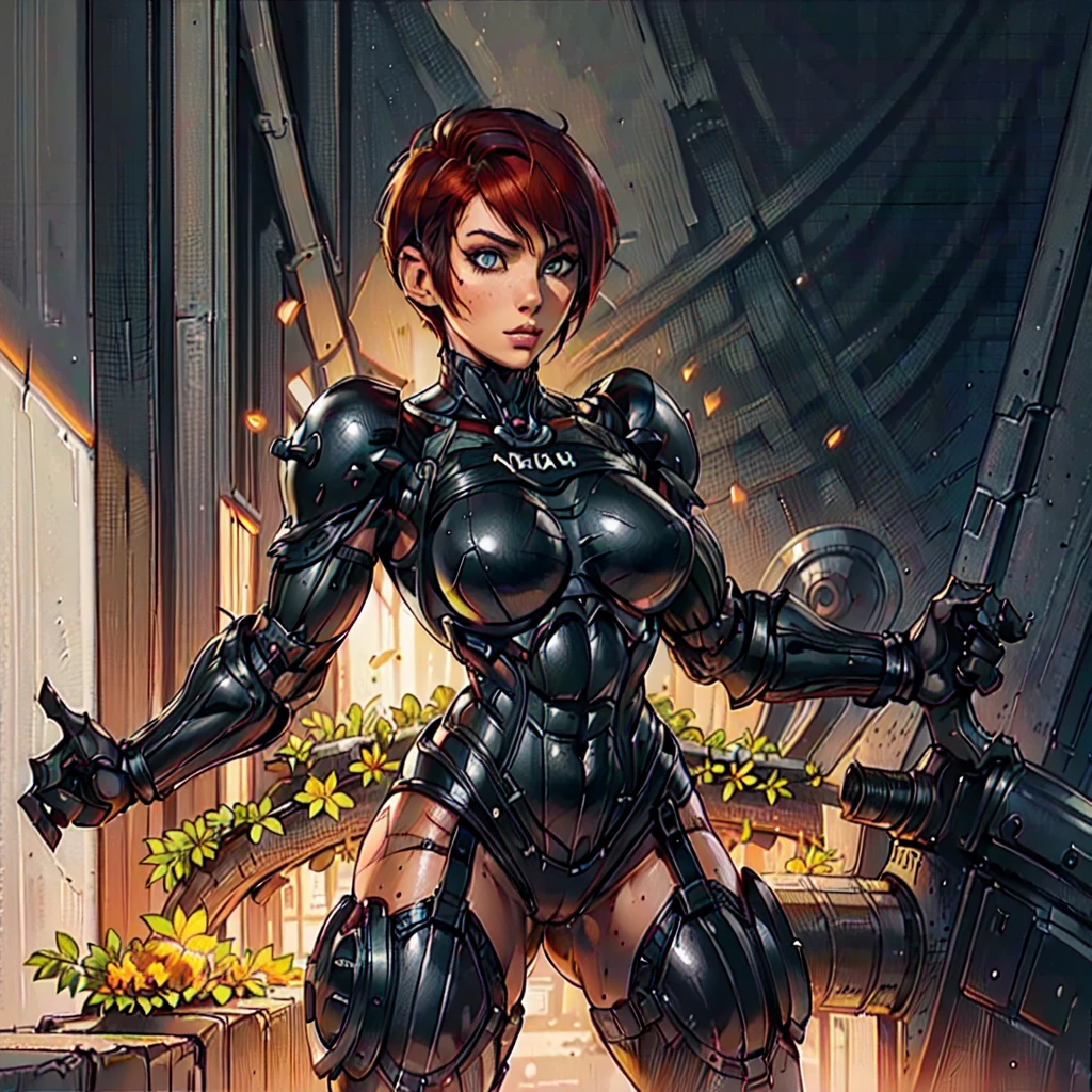 (SamanthaSaintQuiron, woman), dynamic pose, ((full body)), ((Black matte armor, )), (masterpiece, best quality), (detailed skin:1.3, detailed face:1.3), dslr,, ( Red Head, Very Short Hair, Pixie Cut:1.2), Green Eyes, Mascara, High resolution, Ultra-pointu, 16k, Masterpiece, three sided view,