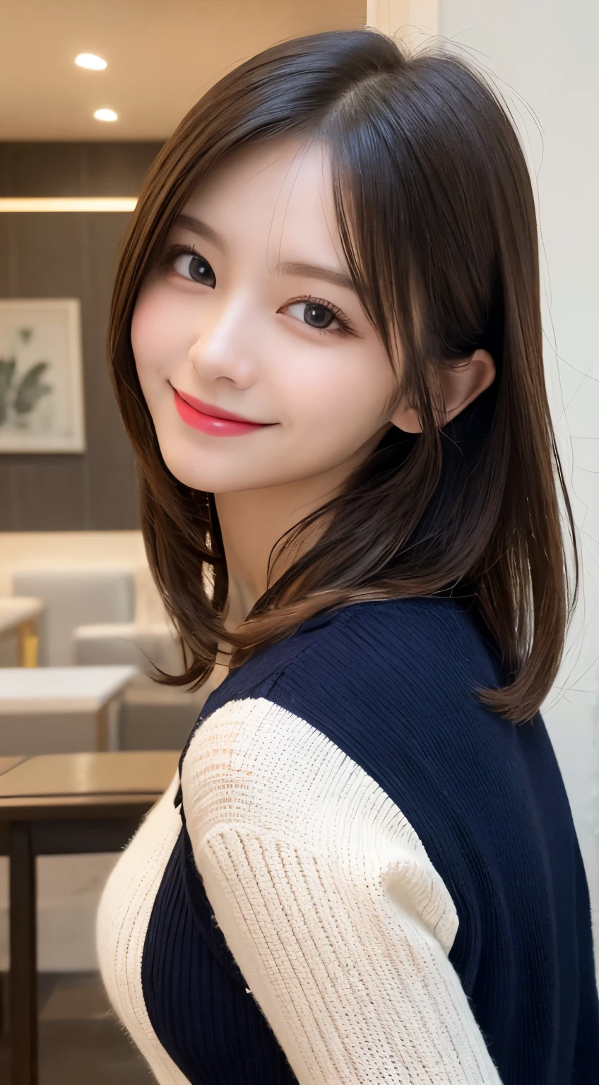 masutepiece, Best Quality, Illustration, Ultra-detailed, finely detail, hight resolution, 8K Wallpaper, Perfect dynamic composition, Beautiful detailed eyes, navy long sleeve knit dress,Straight hair,Small breasts natural color lip, Randomly sexy poses,Smile,Home、20 years girl、Cute、Sexy shot looking at camera,Perfect and beautiful face