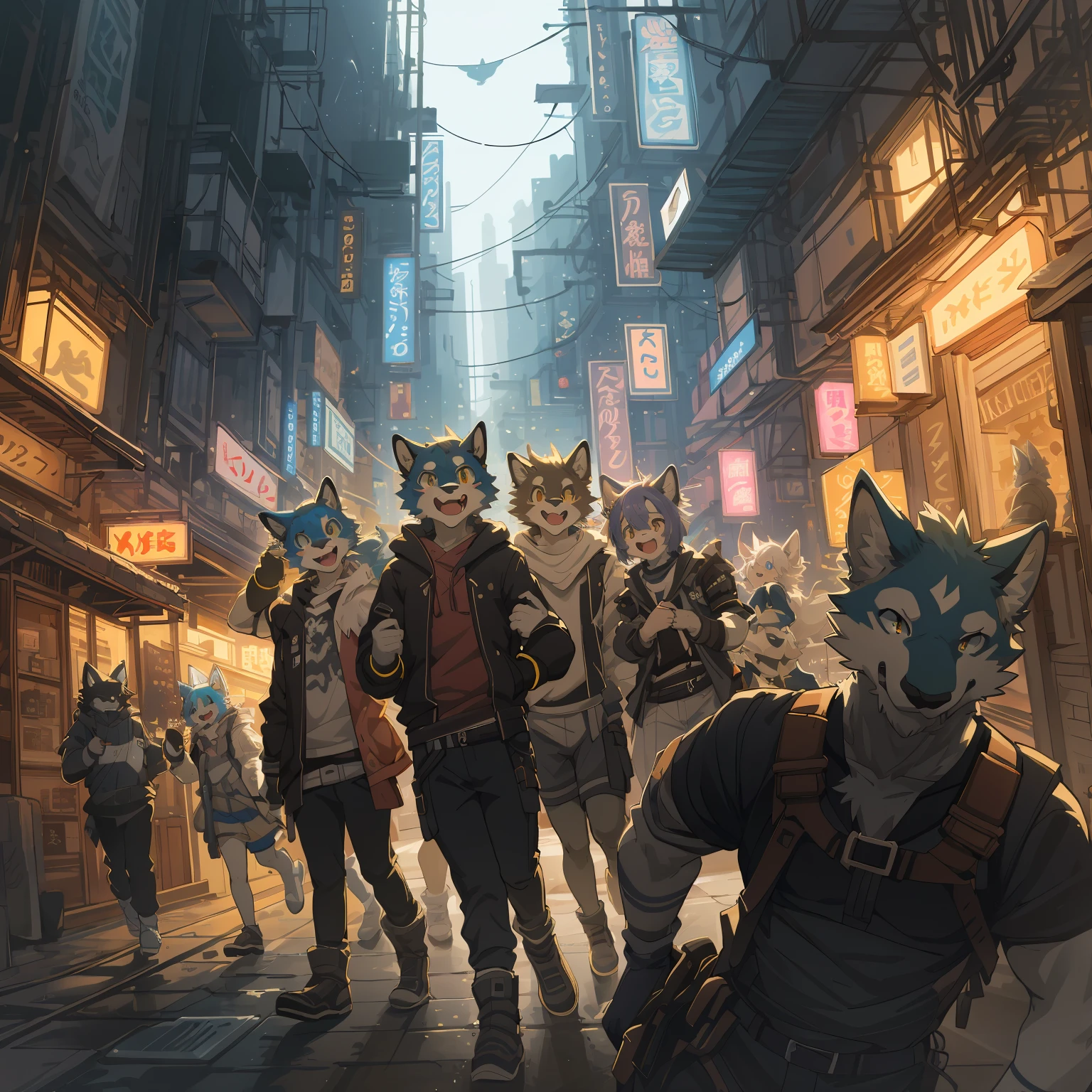 cover_page, highres, top quality, best quality, paid reward available, High-quality illustrations, unparalleled masterpiece, perfect artwork, absurdres, super high resolution, detailed background, Cyberpunk, Beautiful World Heritage, 6+boys, 6+girls, Happy, joyful(Photo of family trip)(kemono, furry anthro)cinematic lighting, dynamic angle,