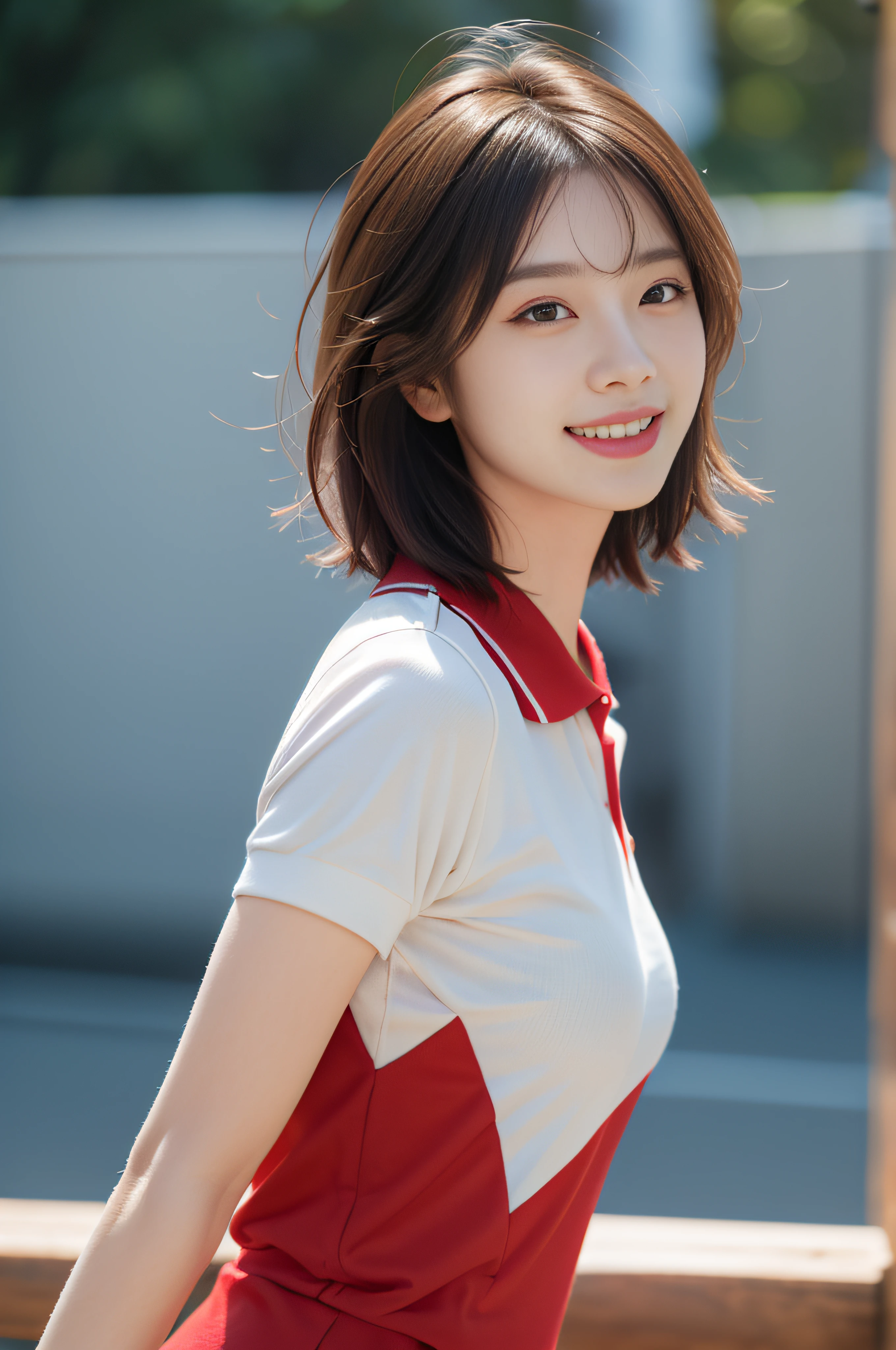 ((top-quality, masterpiece, realistic)), 1girl in, Facing the front, light brown hair, short bob hair, in 8K, 85 mm, Raw photo, Bokeh background, smile, red color polo shirt, random place, random scene