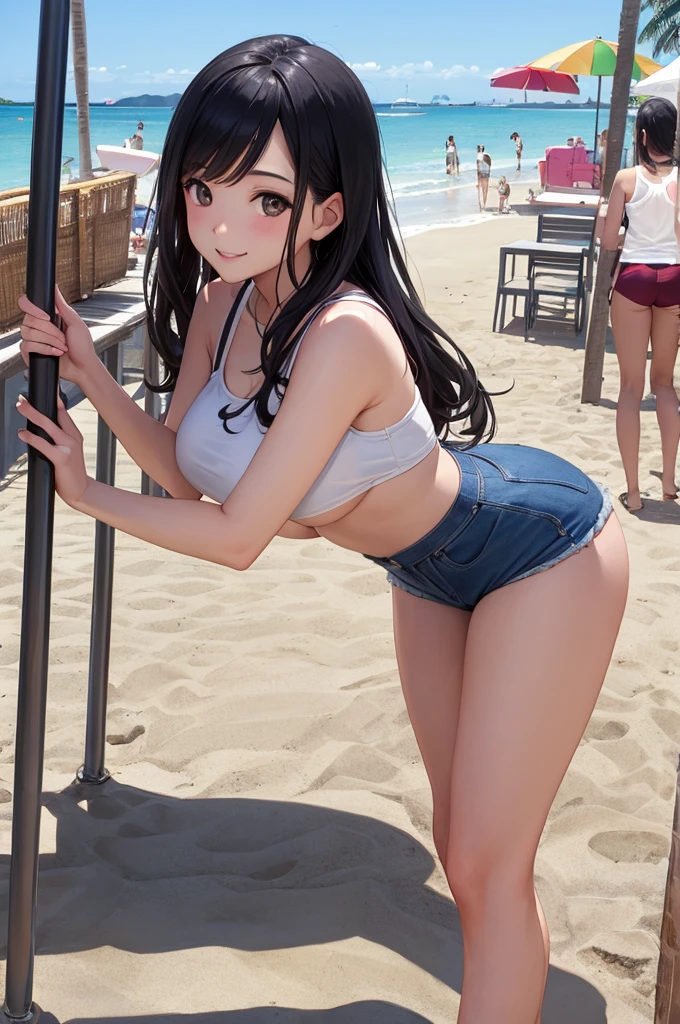1girl in、25-years old、large boob、I can see the lower breasts、full body Esbian、A dark-haired、hotpants、pantiy、Beach、A slight smil,Yui Hatano