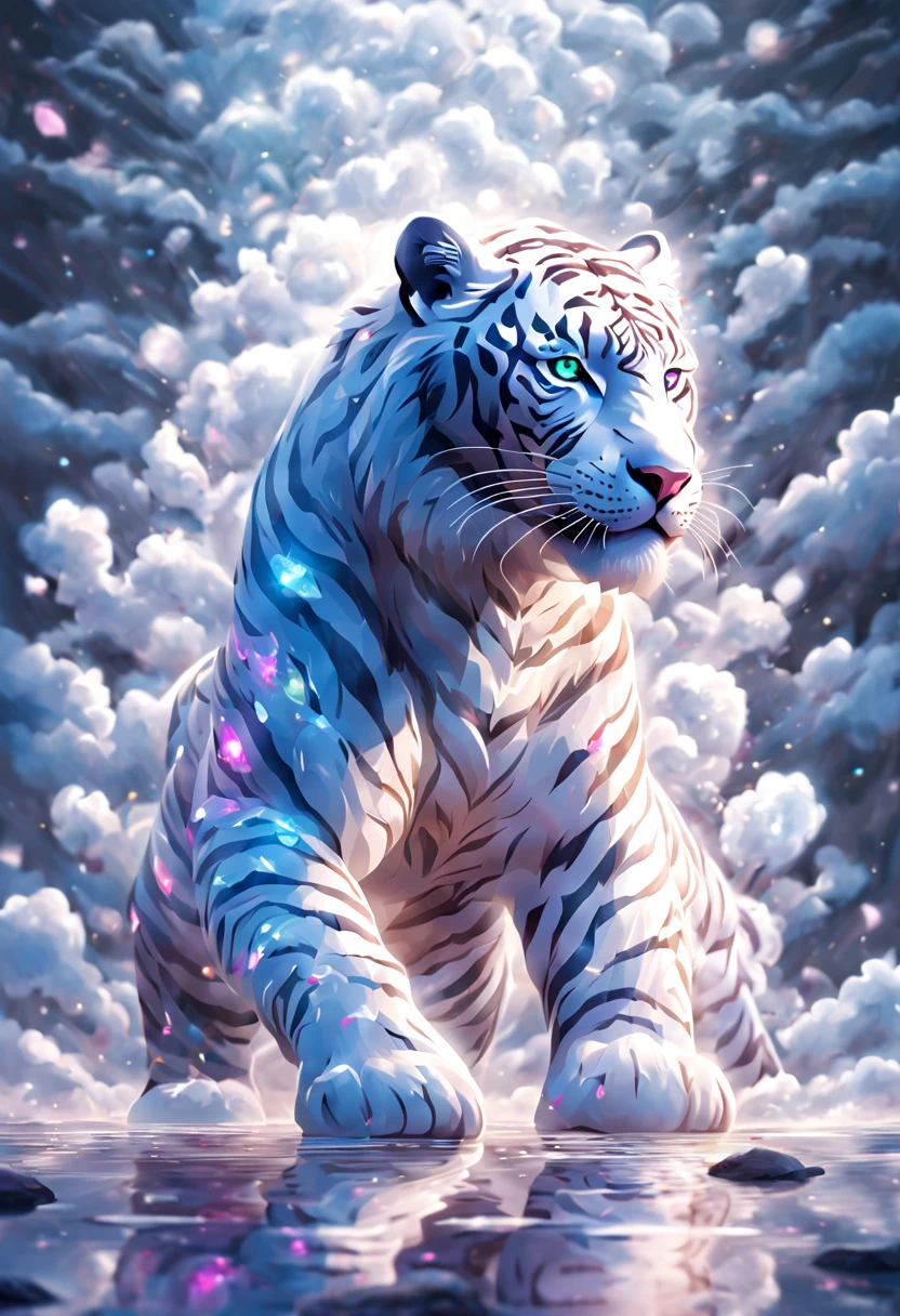ultra realistic art，BJ_Sacred_beast，the white tiger，adolable，opulent，Colorful gemstones sparkle，Jewelry sparkles，with light glowing，luminous diamond，palaces