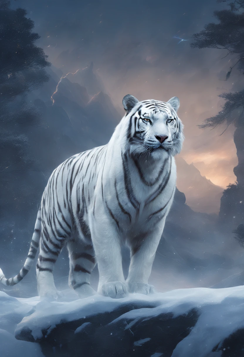 Chinese mythology,the white tiger,divinity,ferocious,gargantuan,with light glowing,snowscape,Glow effects,the night,中景 the scene is,Full body like, highly detailed surreal vfx,oc rendered,Shoot with 70 mm - AR