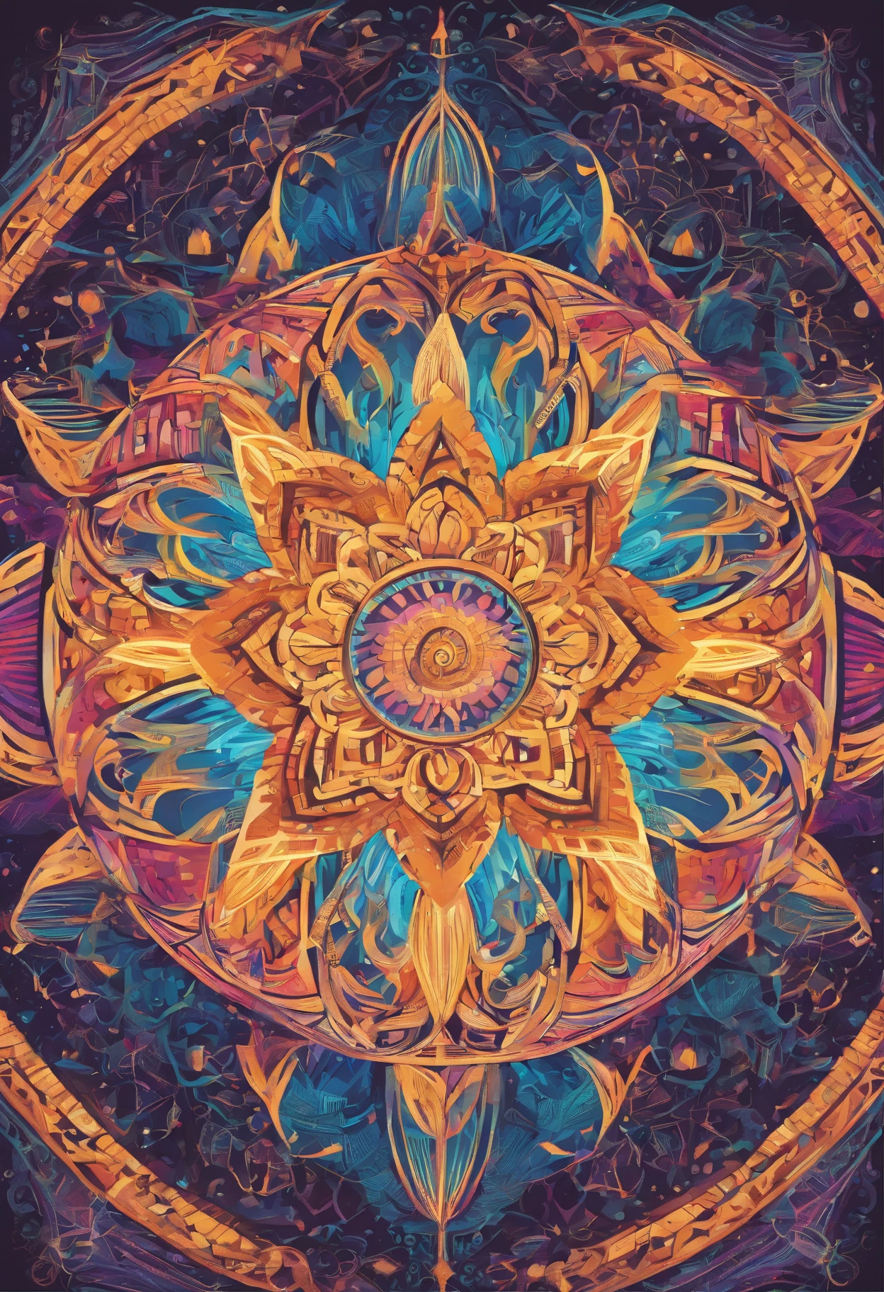 vibrant color drawing of a simple the light illumination light waves and spirals of energy based mandala