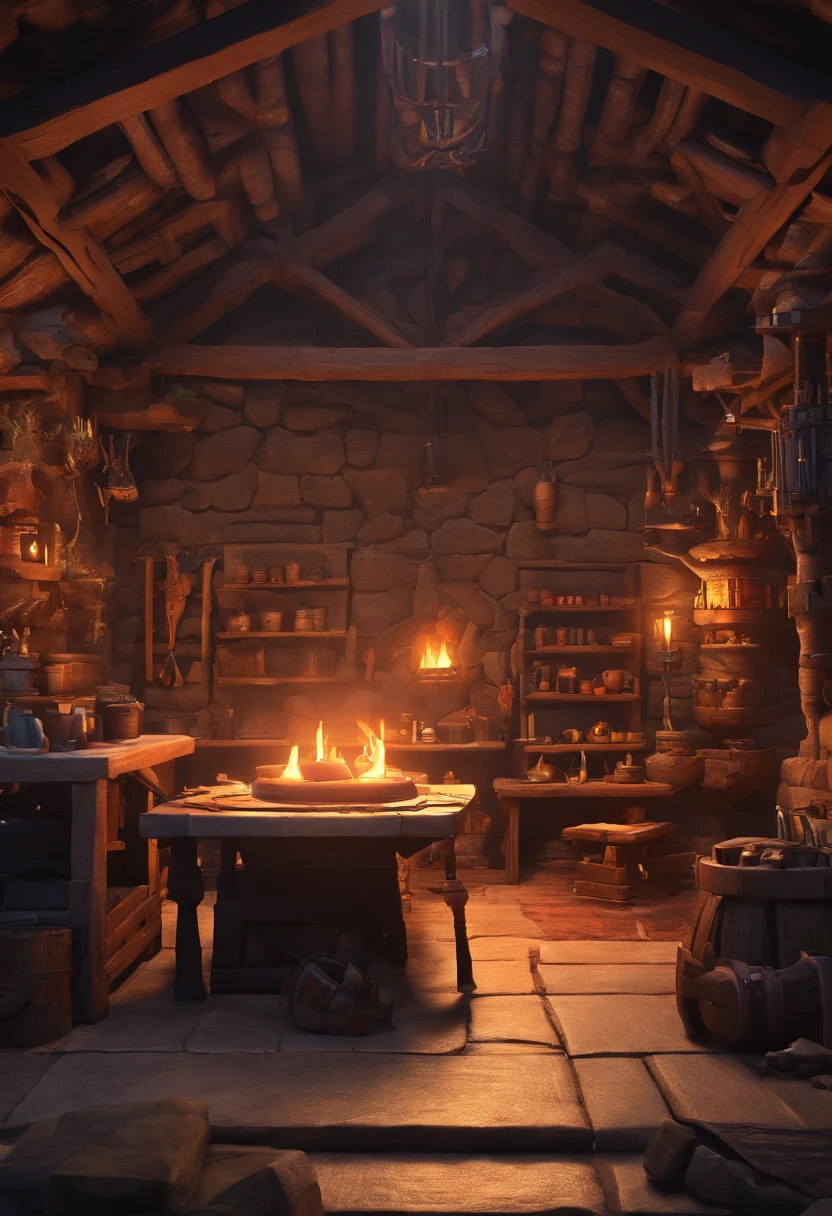 45° top-down,large scene,Wide-angle perspective,depth of fields,((Best quality at best)), ((tmasterpiece)), ((ultra - detailed)), (illustratio), (detailedlight),A dark dungeon with a weapons depot and a forge,Large blacksmith furnace,Iron felt,Weapon racks