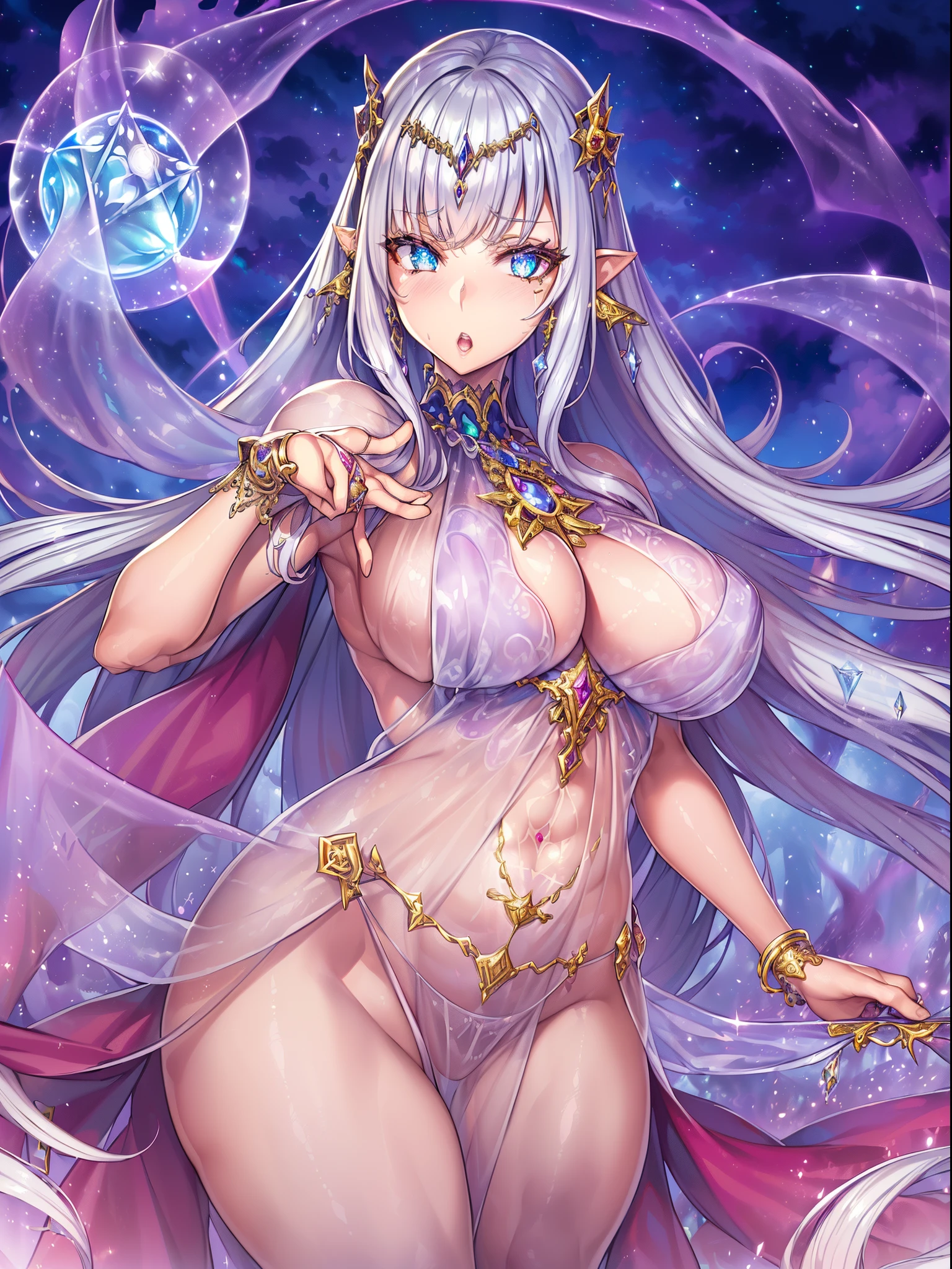 ((Best Quality,4K,8K,hight resolution,masutepiece:1.2),Ultra-detailed, Madness, Magic, Beautiful magic, 1girl in, Flame Mage, (Ice and Fire), (Very beautiful fantasy background), (Crazy Sexy Fantasy Transparent Dark Silver Blood Dress), Portraits, Vivid colors, Intense lighting, brushstrokes, Ethereal Atmosphere, charmed, Mesmerizing views, fascinated expression, capricious, Mystical, Intricate details, Dynamic Poses, captivating moment, mesmerizing eyes, flowing robe, Crystal Ice, a mythical creature, surreal landscape, Otherworldly, magic elements, ( see through panties), (Erect nipples visible from the top of clothes), Bewitching beauty, ethereal glow, Transcendent, Harmonic color palette. (Obscene lines), ((Glow Crotch Tattoo)), inmon, womb tattoos, Sakkab Tattoo, (tiarra), Jewelry, Fallen Princess, (Sparkling Magic Transparent Magic Transparent Cape Dress) (Sparkling Magic Transparent Magic Transparent Cape Dress), Erotic art. Hentai art. Art Book. Fantasy Art. ((gloweyes)). ((ride the magic train)), ((magical landscape))