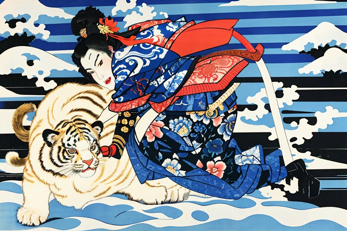 extreme quality, Ukiyo-e, Utagawa Kuniyoshi, byakko-tai, white tiger,
blizzard, bamboo, HDR,UHD,8K, best quality,