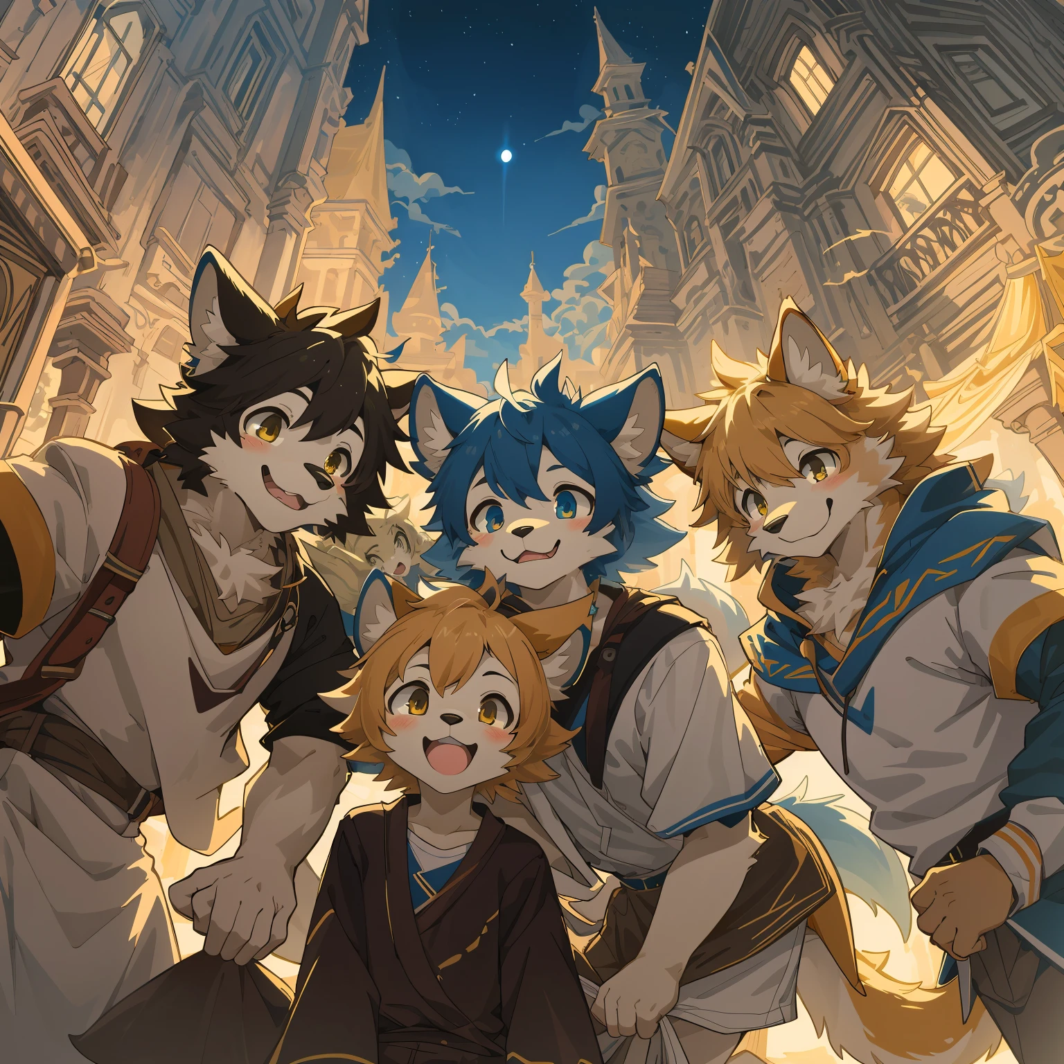 cover_page, highres, top quality, best quality, paid reward available, High-quality illustrations, unparalleled masterpiece, perfect artwork, absurdres, super high resolution, detailed background, retro future, Beautiful World Heritage, 6+boys, 6+girls, Happy, joyful(Photo of family trip)(kemono, furry anthro)cinematic lighting, dynamic angle,