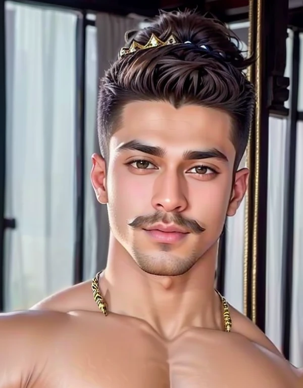 RAW photo, a Modernist hyperrealistic portrait photo of 25 y.o man, hansome face, mix face of salman khan and amir khan, as a javanese Male, Hot Guy, lite moustache, muscular, macho, wearing art nouveau majapahit kingdom costume, gold head band, gold shoulder band, gold necklace, gold crown, hair bund, long-haired, Fade Cut, well built Large body bodybuilder, low angles, Real texture, wear psychedelic sarong batik silk, (high detailed skin:1.2), 8k uhd, dslr, Fujifilm XT3, soft lighting, film grain, masterpiece, high quality