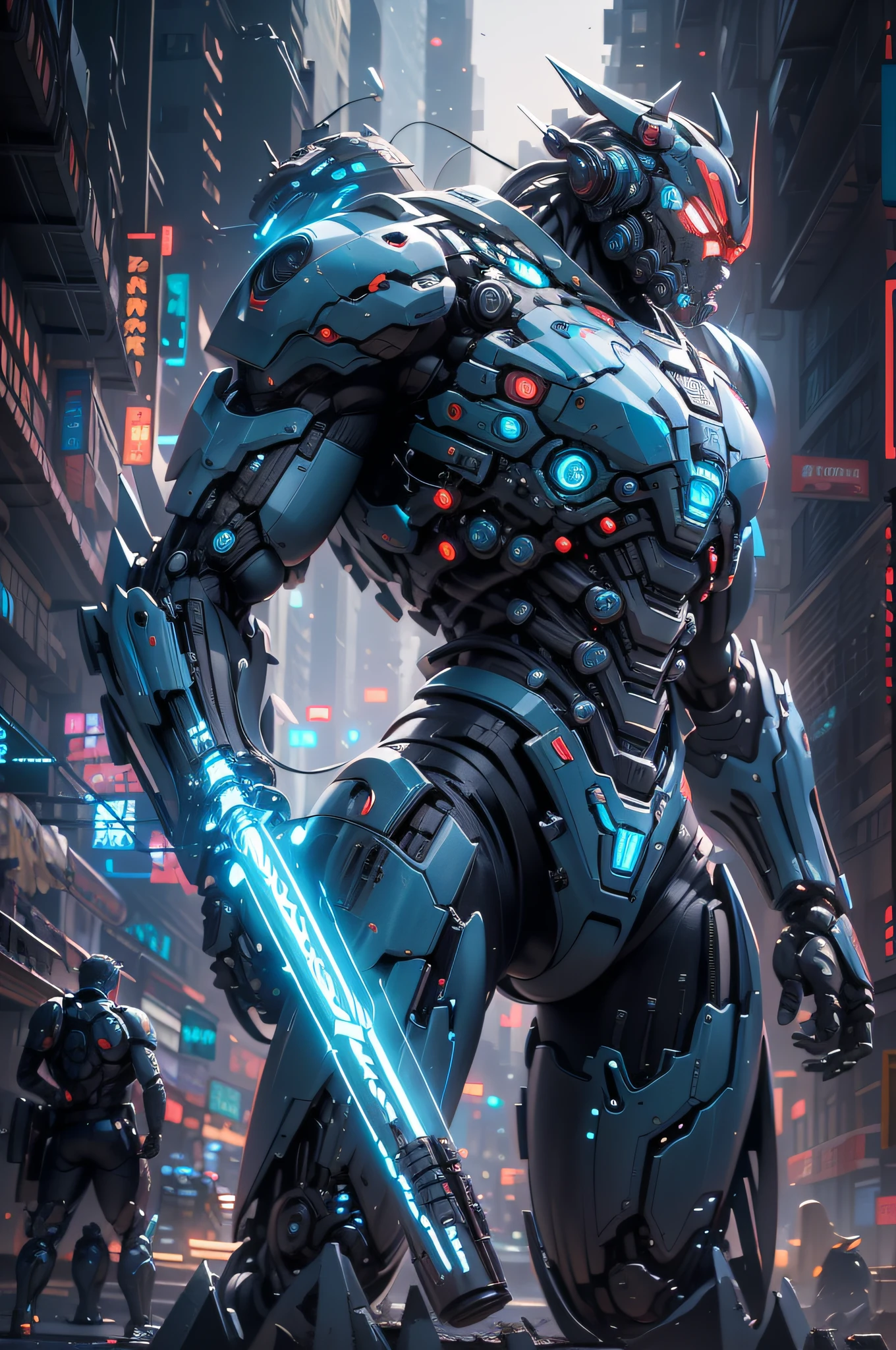 Full-body view Android is like a Netflix-Ultraman hybrid, Body to the right，looking towards the audience，Ready for battle，Bend over，Pacific Rim Jaeger and Marvel&#39;s Gears of War all shades of light blue, Equipped with black high-tech, Holding lightsaber in right hand in futuristic city, hyperealistics, 8K, Complex and authentic design