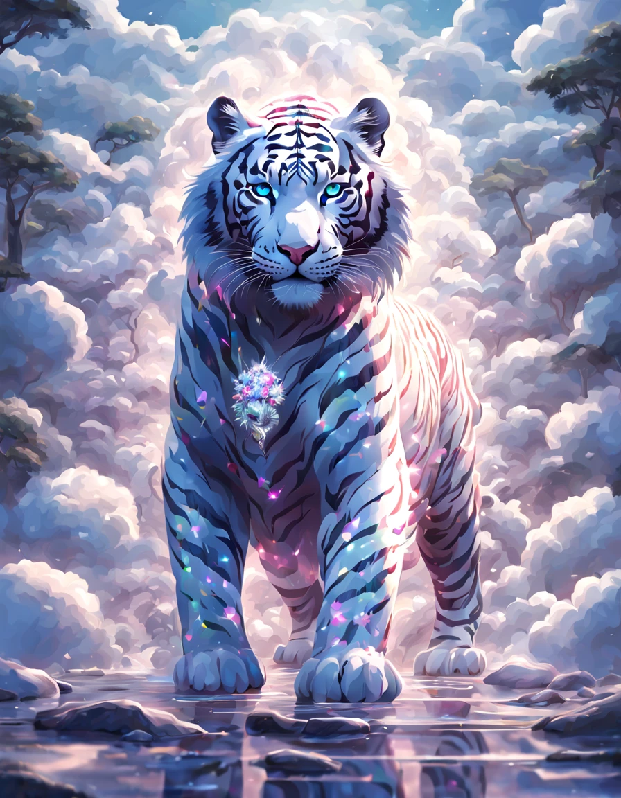 ultra realistic art，BJ_Sacred_beast，the white tiger，adolable，opulent，Colorful gemstones sparkle，Jewelry sparkles，with light glowing，luminous diamond，palaces