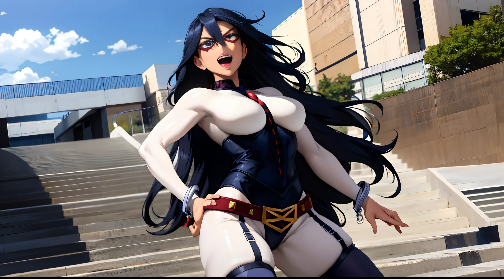 masterpiece, best quality, highres, midnight, black hair, hair between eyes, long hair, domino mask, blue eyes, bangs, leotard, bodysuit, skin tight, jewelry, handcuffs, belt, purple thighhighs, garter straps, boots, superhero, cowboy shot, looking at viewer, evil smile, open mouth, outdoors, day, sunlight, blue sky, large breasts, hand on hip