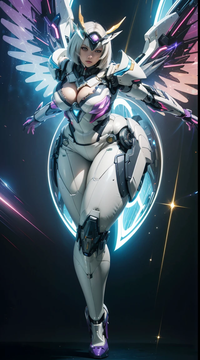 ((((masutepiece, Best Quality, High resolution)))), extremely detailed 8K, fat beautiful girl, (Ultra HD, Ultra-detailed, Highly detailed, Highly realistic, Ultra-realistic, photos realistic), (1girl in:1.5), realistic white hair, short wavy hair, bob cuts, Purple eyes, (Large breasts: 1.2), cleavage, mecha musume, (White full body suit), Glowing parts, light Particle, Light energy, mechanical wings, mechanical thruster, Mech head gear, cyber effect, cyber space, (Dynamic Pose)
