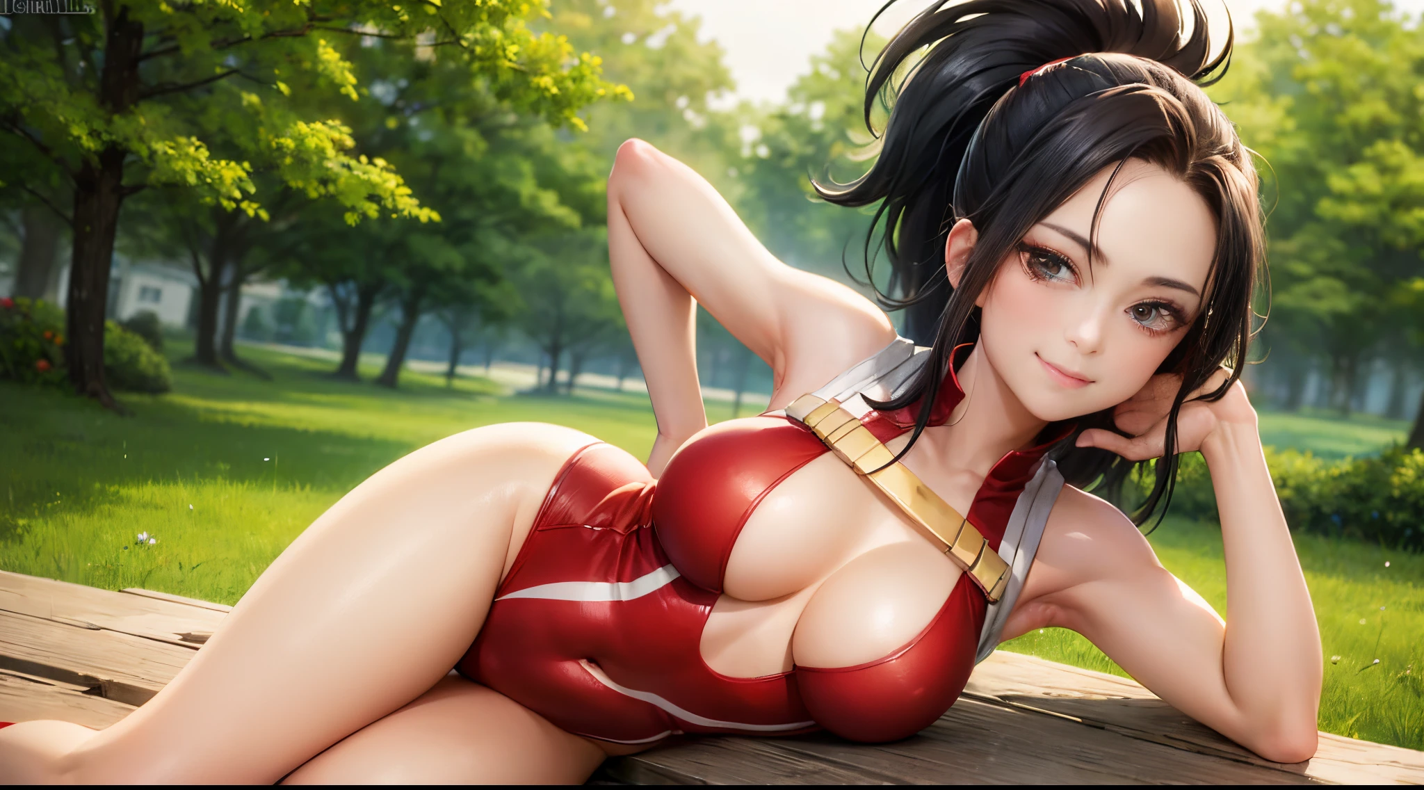 (masterpiece, best quality:1.2), cowboy shot, solo, 1girl, yaoyorozu momo, smile, closed mouth, looking at viewer, red leotard, collarbone, cleavage