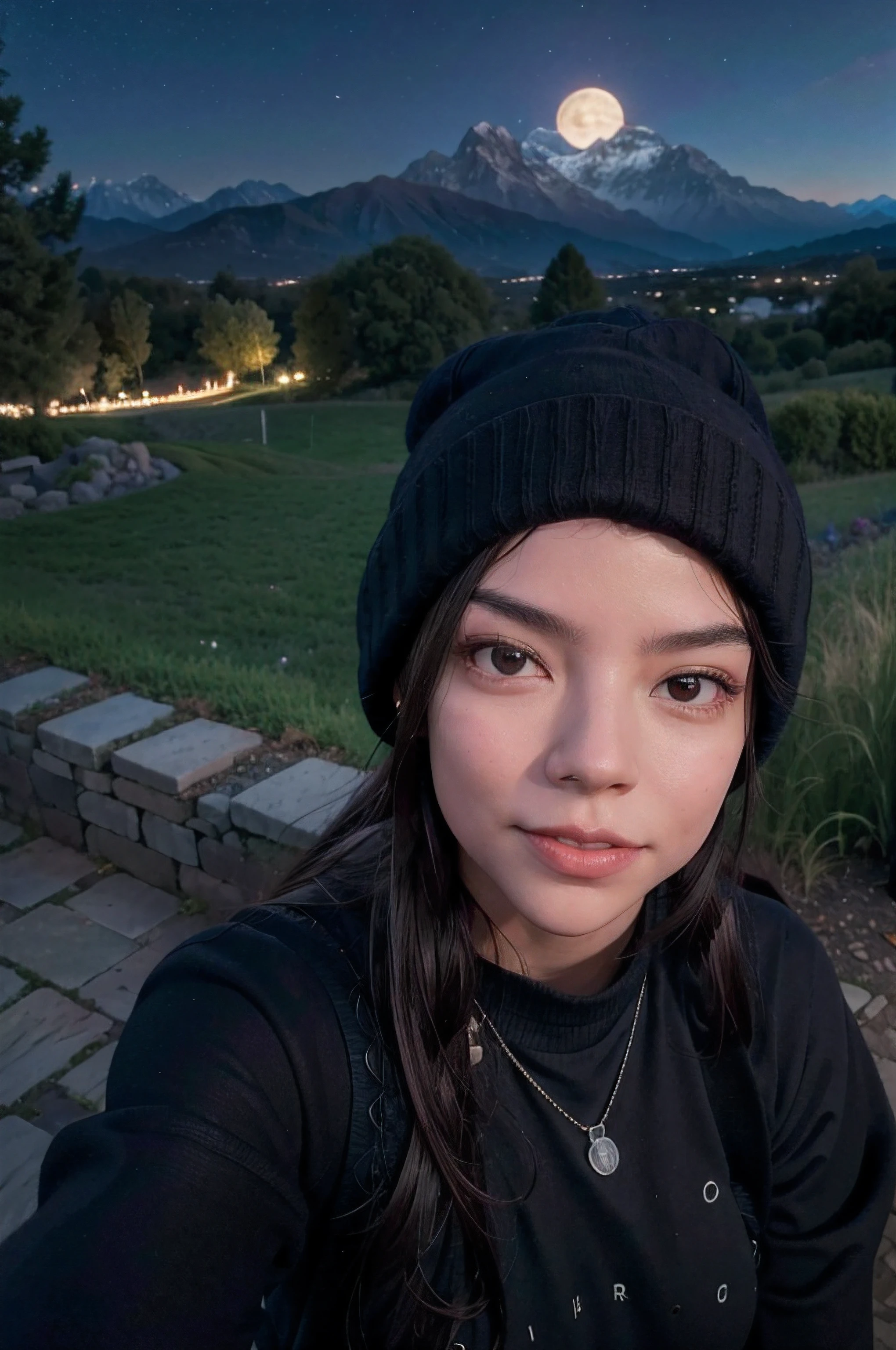 fotorrealista, La mejor calidad, hiper detallado,  any4tayl0r, Foto selfie, Parte superior del cuerpo, solamente, Uso de jersey, al aire libre, (Noche), mountain scape, La naturaleza de la vida real, Estrellas, luna, (Sonrisa excepcional、Un cabello oscuro、Sixteen、alegre, feliz), Beanie, Luces de flash, bosque, Rocas, Kali, madera, humo, diente, cielos cristalinos, analog style, Mirando al espectador, textura de la piel, Film grain, cerrar, 超A high resolution, Mejor sombra, .RAW, instagram LUT