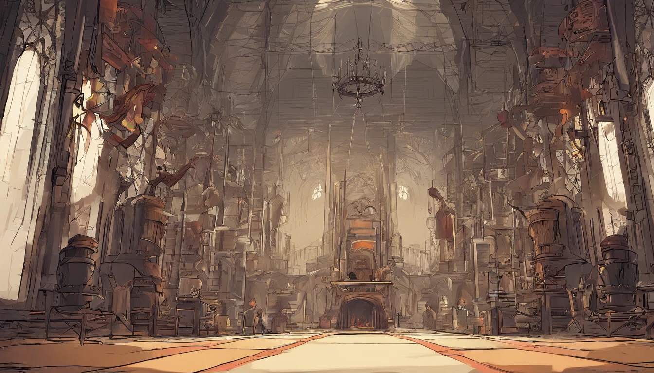 45° top-down,large scene,Wide-angle perspective,depth of fields,((Best quality at best)), ((tmasterpiece)), ((ultra - detailed)), (illustratio), (detailedlight),A dark dungeon with a weapons depot and a forge,Large blacksmith furnace,Iron felt,Weapon racks