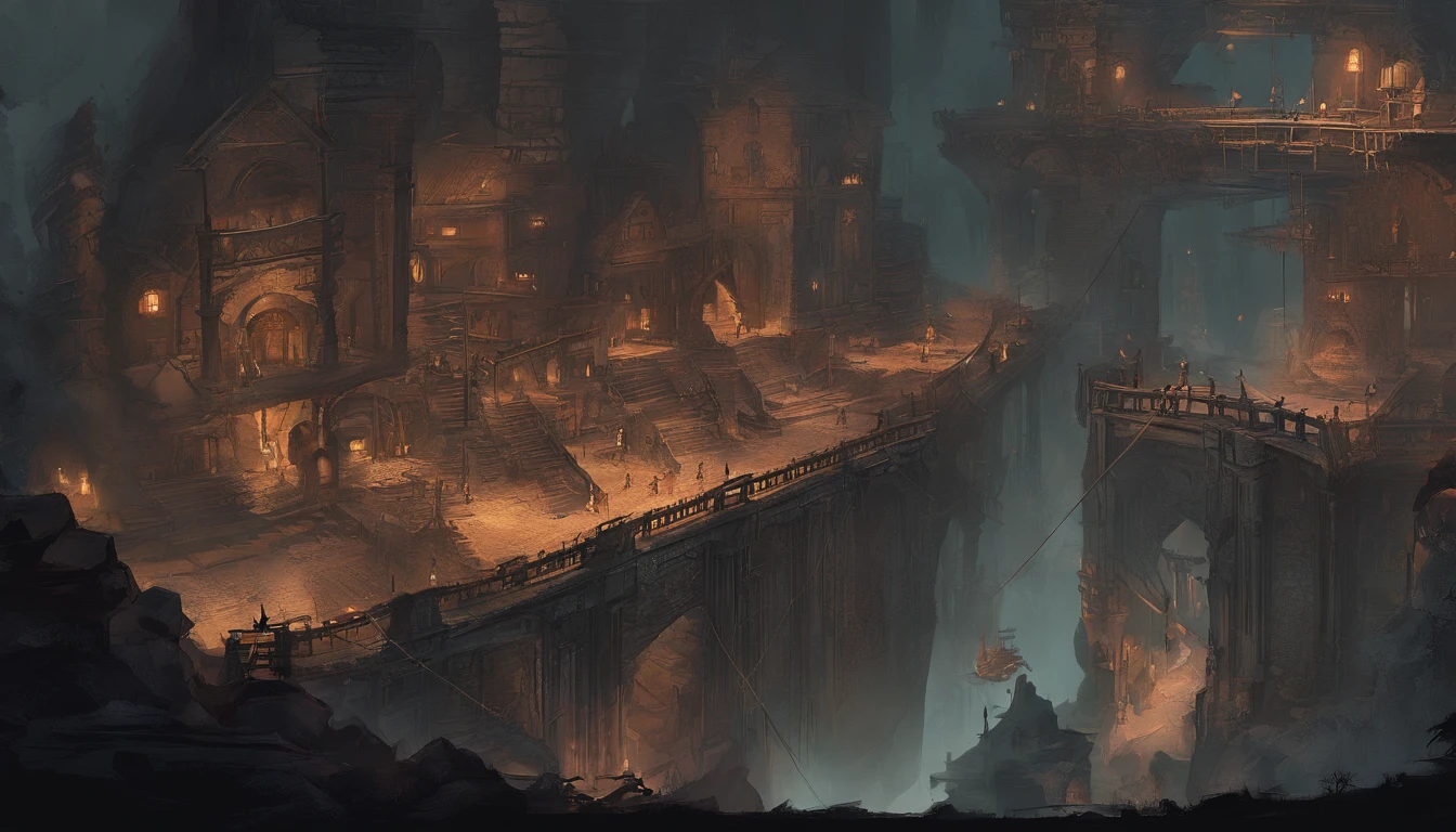 45° top-down,large scene,Wide-angle perspective,depth of fields,((Best quality at best)), ((tmasterpiece)), ((ultra - detailed)), (illustratio), (detailedlight),A dark dungeon with a weapons depot and a forge,Large blacksmith furnace,Iron felt,Weapon racks