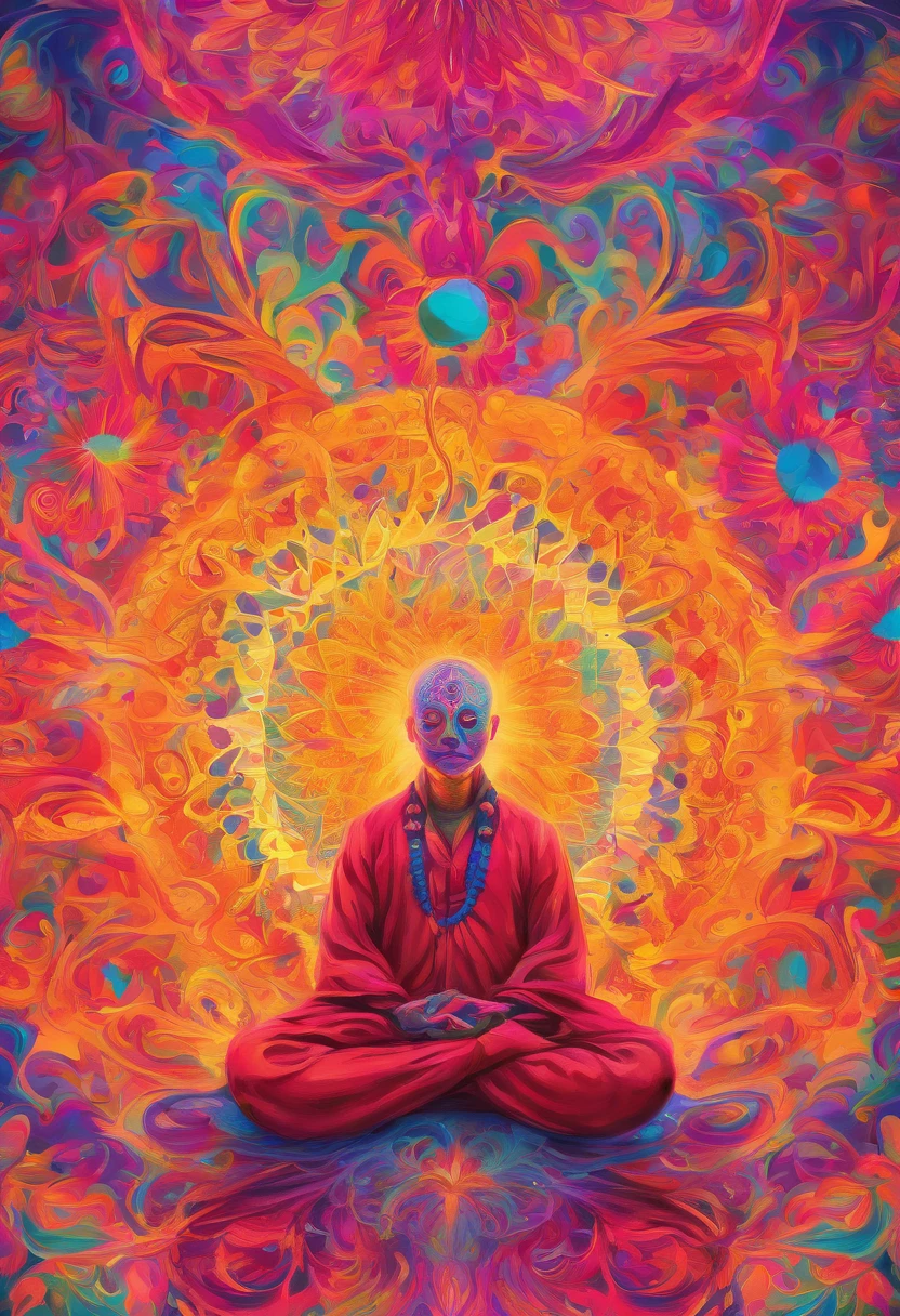 2Vivid color drawing of spiral lightwaves third eye lightbulb man seated in padmasana, me in full lotus meditation, fractal light wave -based mandalas of one
