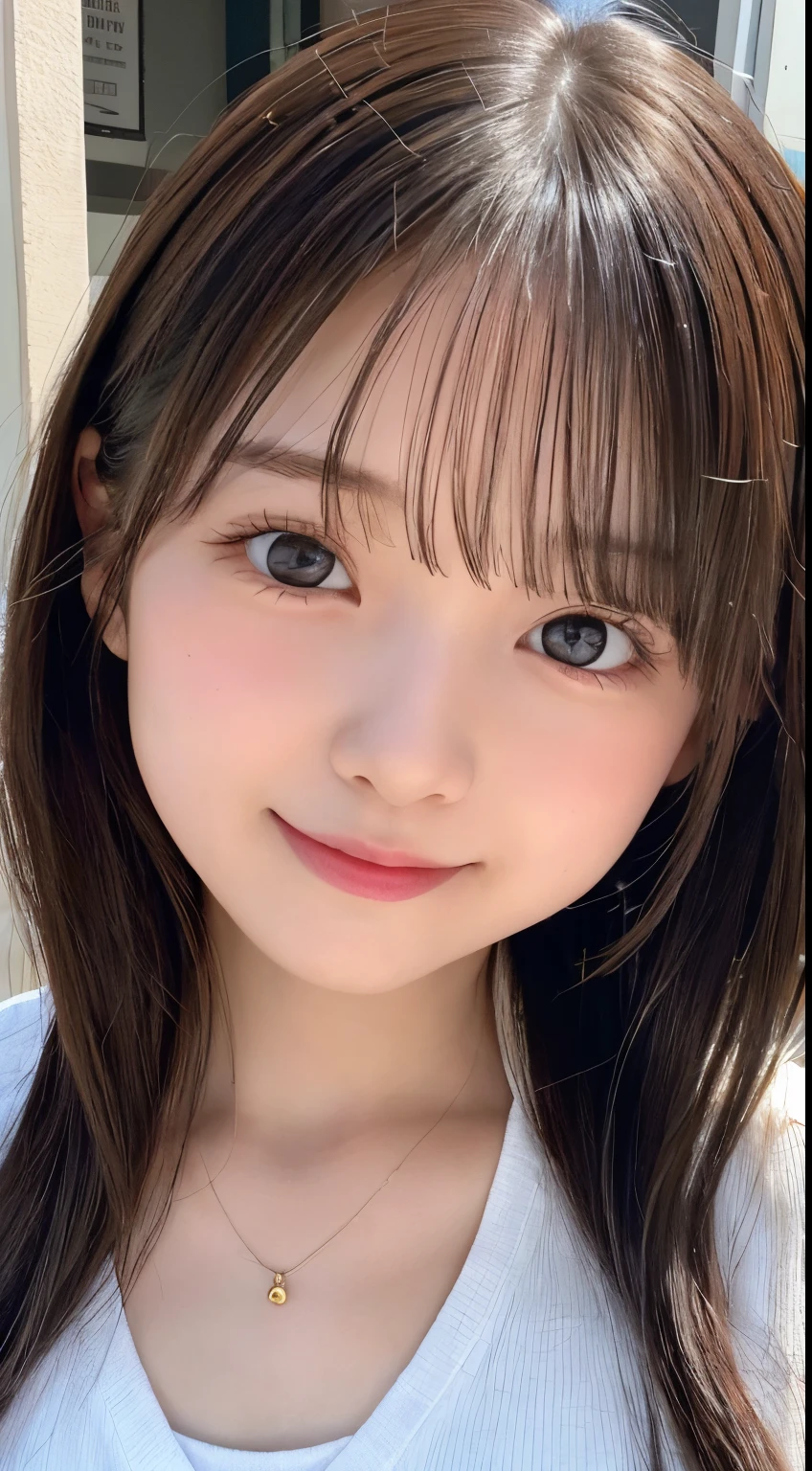 NFSW、masutepiece、​masterpiece、1 girl in、(close up of face、cowboy  shot)、Straight front view、japanes、very young cute woman、(The cutest girl in the world)、15yo student、Smaller face、large full breasts、Autumn knit jacket、Sheer inner、Chiffon skirt、Ultra-detailed costumes、Smiling in a café、Scrunchie、Thin necklace、Glamorous figure、hyper cute face、shiny lip、Double eyelids in both eyes、 natural make up、long eyeslashes、shiny smooth light brown hair、bangss、Short twin tail hair、asymmetrical bangs、image in center、8K分辨率、high détails、Detailed hairstyles、A detailed face、spectacular movie lighting、octane renderings、with a vibrant、Ultra-realistic、Perfect limbs、perfect anatomia