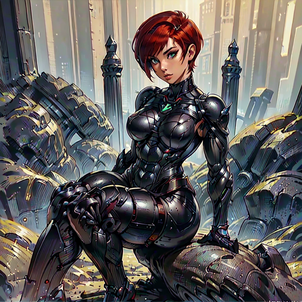 (SamanthaSaintQuiron, woman), dynamic pose, ((full body)), ((Black matte armor, )), (masterpiece, best quality), (detailed skin:1.3, detailed face:1.3), dslr,, ( Red Head, Very Short Hair, Pixie Cut:1.2), Green Eyes, Mascara, High resolution, Ultra-pointu, 16k, Masterpiece, from side,