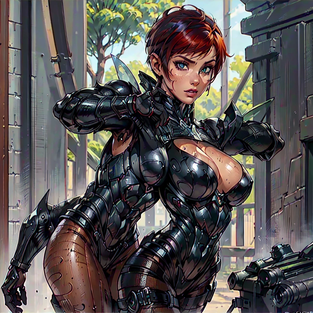 (SamanthaSaintQuiron, woman), dynamic pose, ((full body)), ((Black matte armor, )), (masterpiece, best quality), (detailed skin:1.3, detailed face:1.3), dslr,, ( Red Head, Very Short Hair, Pixie Cut:1.2), Green Eyes, Mascara, High resolution, Ultra-pointu, 16k, Masterpiece, from side,