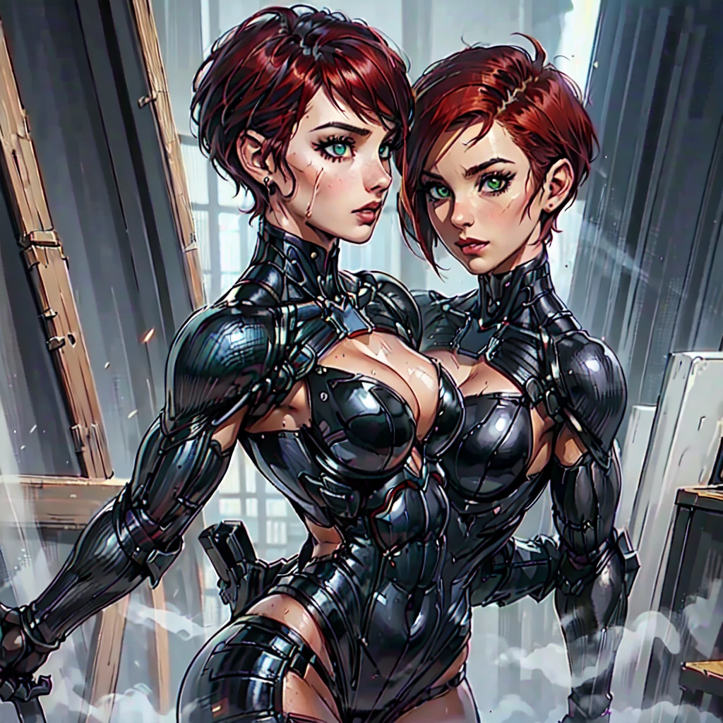 (SamanthaSaintQuiron, woman), dynamic pose, ((full body)), ((Black matte armor, )), (masterpiece, best quality), (detailed skin:1.3, detailed face:1.3), dslr,, ( Red Head, Very Short Hair, Pixie Cut:1.2), Green Eyes, Mascara, High resolution, Ultra-pointu, 16k, Masterpiece, from side,