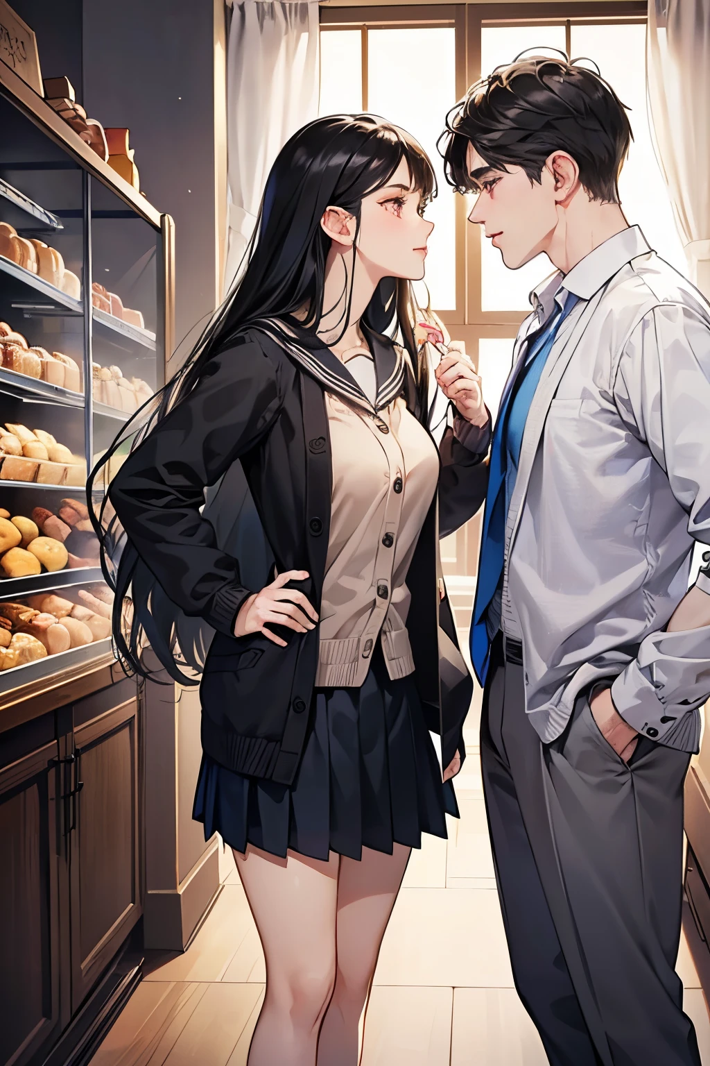 (masutepiece, Digital Art, Digital Illustration, 4K, 8K, Ultra-detailed, beautiful image, Sharp Image, Photorealistic, Raw photo, Perfect face, Perfect lines, Perfect eyes, Soft lighting) 1 woman, (Long Black Hair,straight haired,Bullish gaze,Beautie,Solid makeup,femele,small tits:1.3),Two handsome men in suits, (ember,Men in suits,well-muscled,Firm shoulder width,Adult male,Boyish hairstyle,English gentlemanly style,Man in his 30s with a cool expression,28-year-old man with bright smile:1.2),Donut Shop、donut、Eat-in、A lot of donuts are lined up、a sailor suit、Knee-length pleated skirt、baggy cardigan、kiss、a couple、couple kissing、Romance、ssex、have sex、
