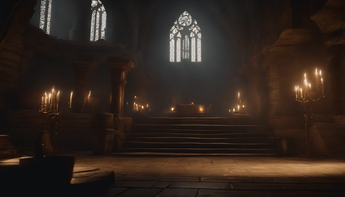 45° top-down,large scene,Wide-angle perspective,depth of fields,((Best quality at best)), ((tmasterpiece)), ((ultra - detailed)), (illustratio), (detailedlight),A dark dungeon with a weapons depot and a forge,Large blacksmith furnace,Iron felt,Weapon racks