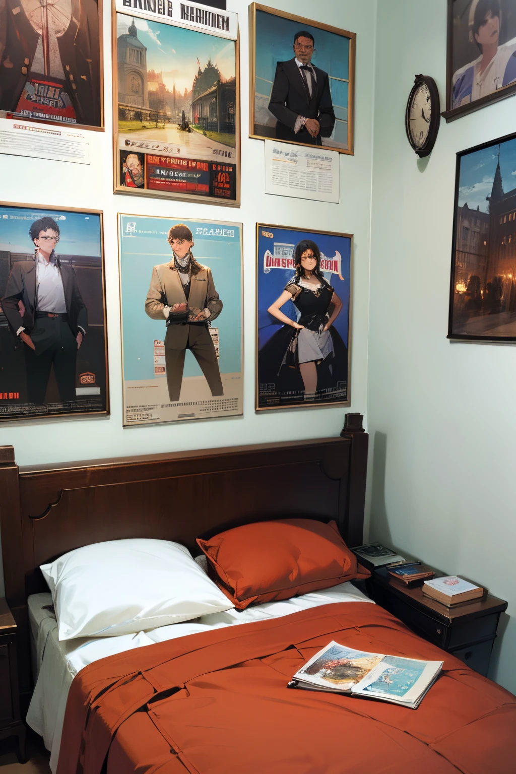 Early morning bedroom,Furnished with a bed,clock,Various posters,Game match poster,There are clothes on the hanger,cold shades --auto --s2